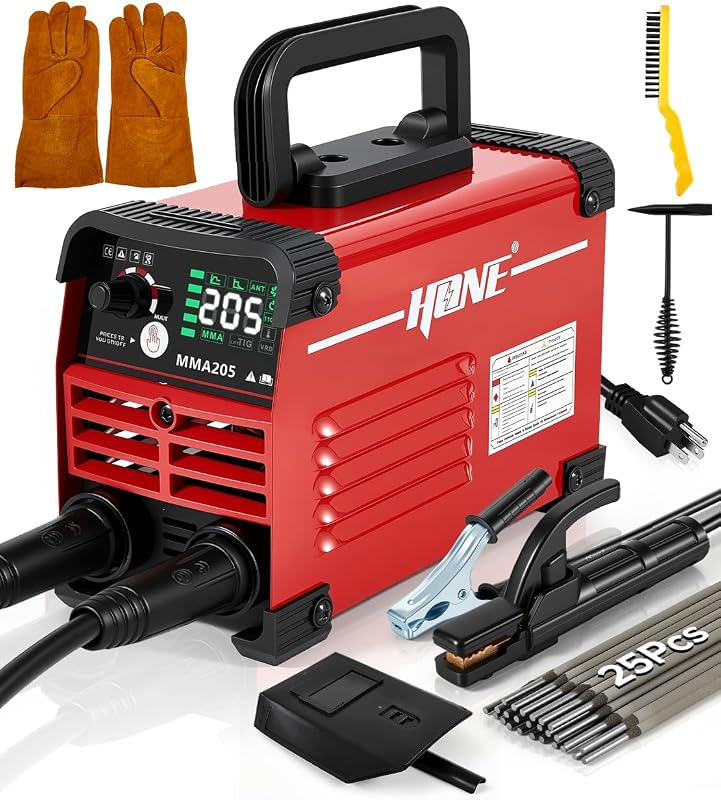 Soldador HONE Stick de 110 V, mini máquina de soldadura mejorada de 205 amperios con soldadura Tig de elevación, máquina soldadora de arco inversor IGBT de 110 V con VRD antiadherente Arc Force de arranque en caliente para varilla de 1/16"-1/8", incluye 25 varillas.