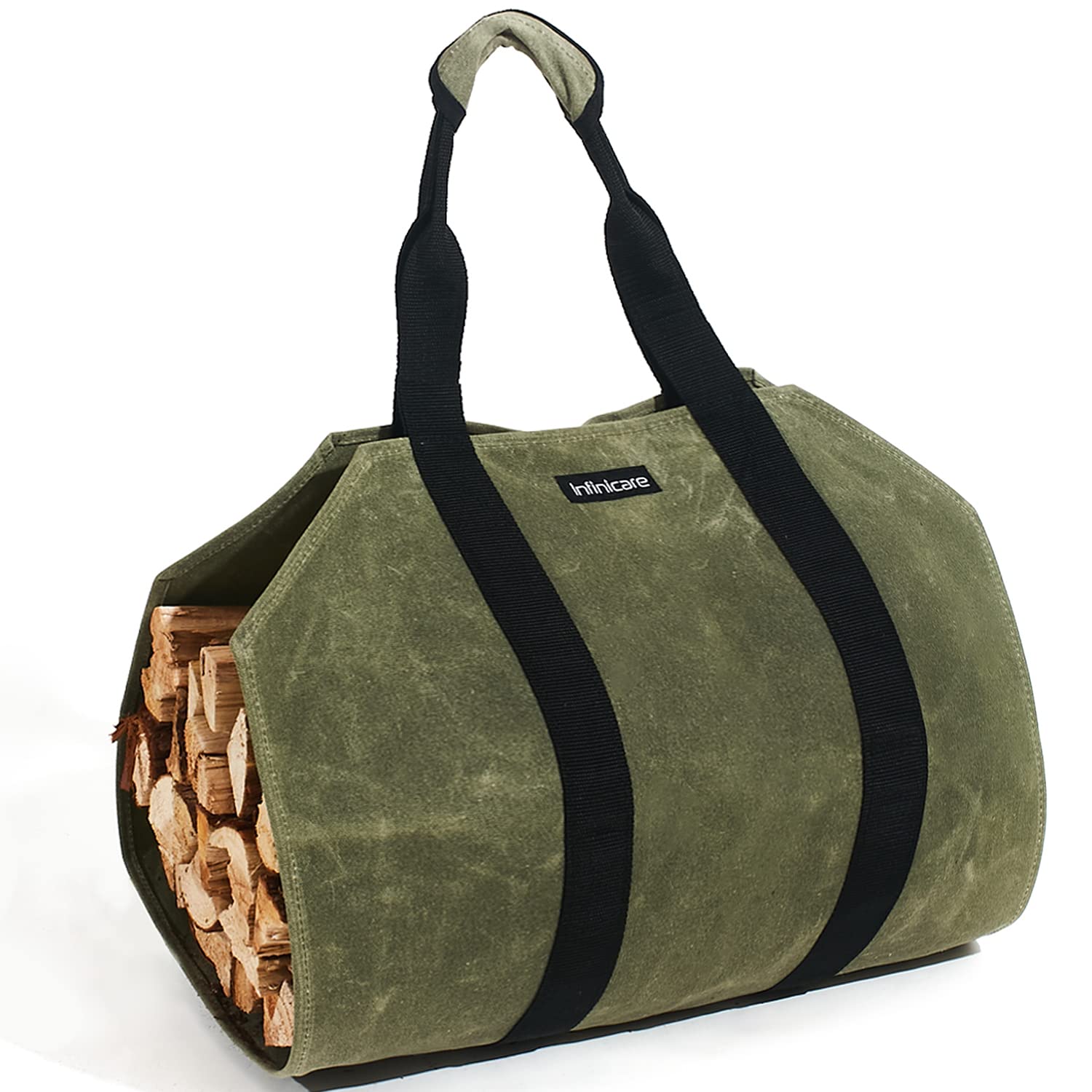 InfinicareFirewood Carrier - Heavy Duty Canvas Firewood Bag with Handles - Durable Wood Carrier for Firewood, Suitable for Indoor Fireplace and Outdoor Camping - Military Green