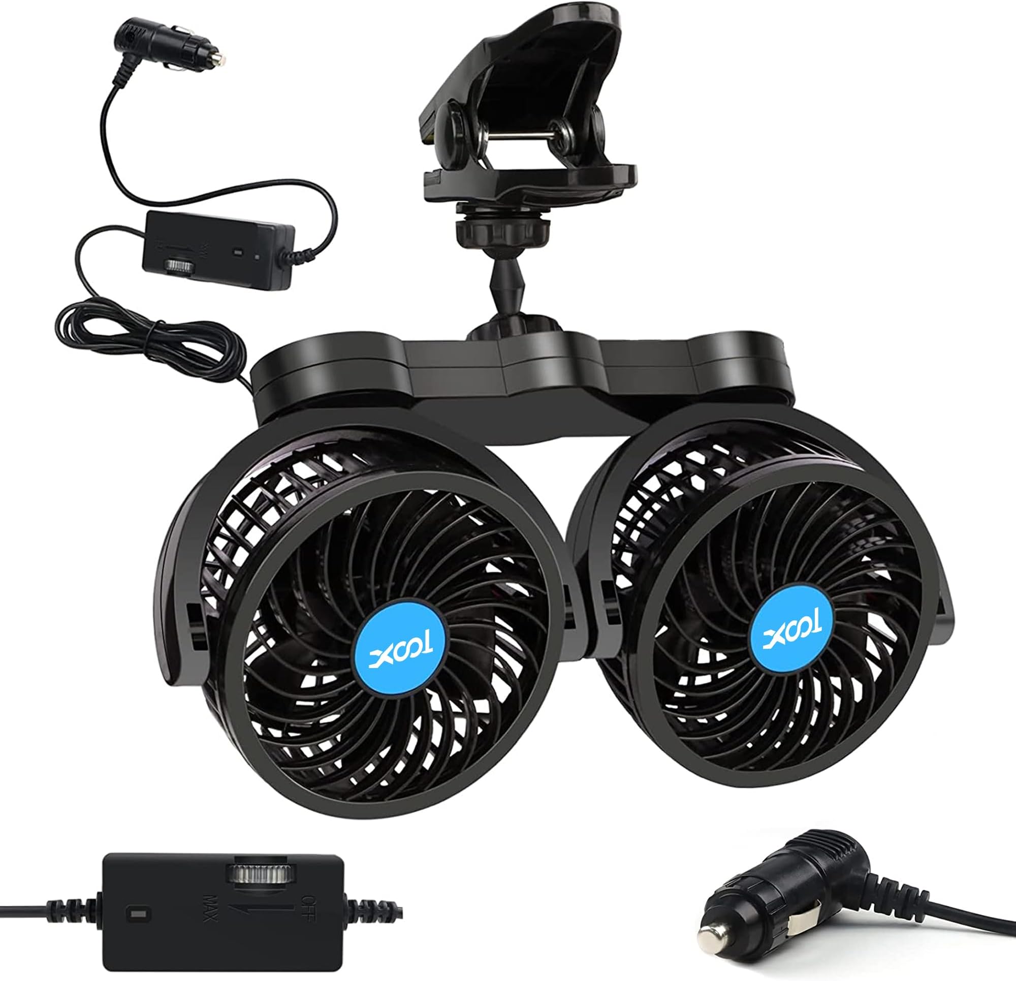 Clip Car Fan, Adjustable Dual Head 4 Inches 12V Fan for Front/Rear Seat Passenger, 360° Rotatable Electric Car Cooling Fans with Stepless Speed Regulation for SUV, RV, Vehicles