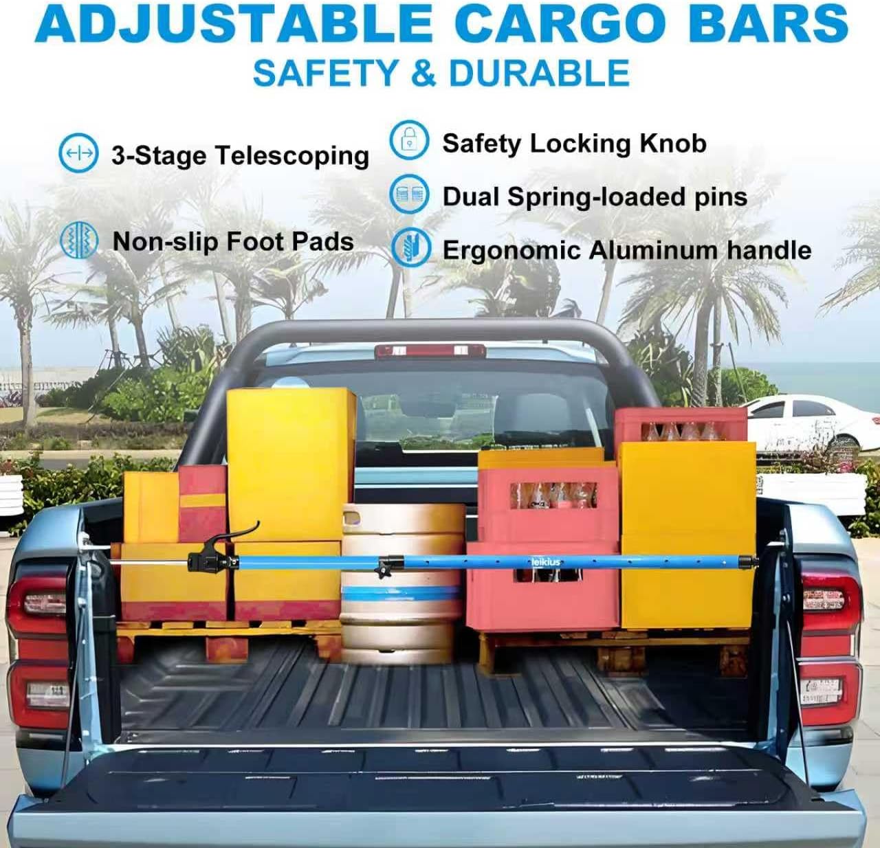 79 inch Heavy Duty Adjustable Cargo Bar,200LB Capacity，Non-Slip Truck Bed Divider for Pickup Truck Bed,Aluminum Handle Cargo Bar for SUV, Trailer, Van, Come with 1 Bar, 1 Divider, 1 Net