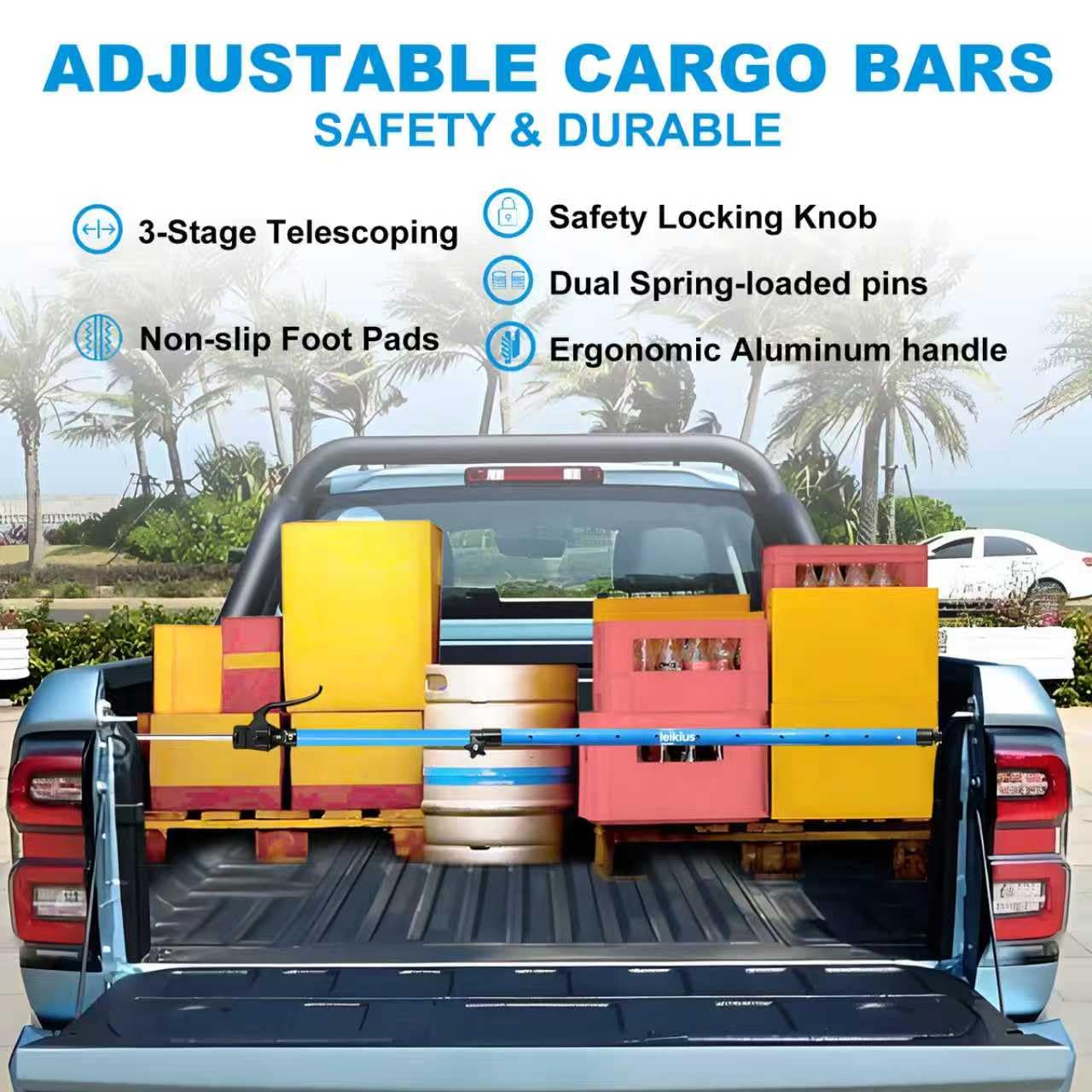 2 barre di carico regolabili, resistenti, 200,7 cm, capacità 90,7 kg, divisorio antiscivolo per camion pickup, maniglia in alluminio per SUV, rimorchi, furgoni, con 2 barre, 2 divisori, 1 rete