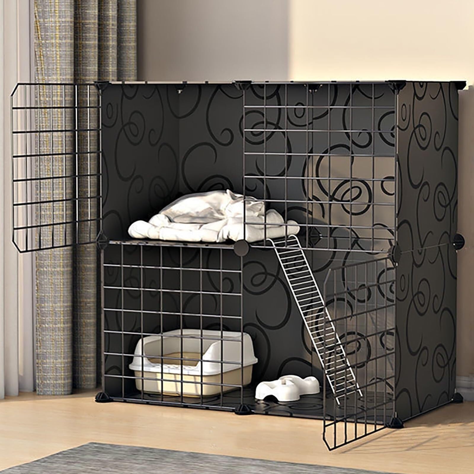 Katzenkäfig, DIY-Katzenhaus, Katzenbett für Katzen im Innenbereich, mit Katzenstreu und Hängematte für Katzen, klappbar, für 1-2 Katzen, Frettchen, Chinchillas, inkl