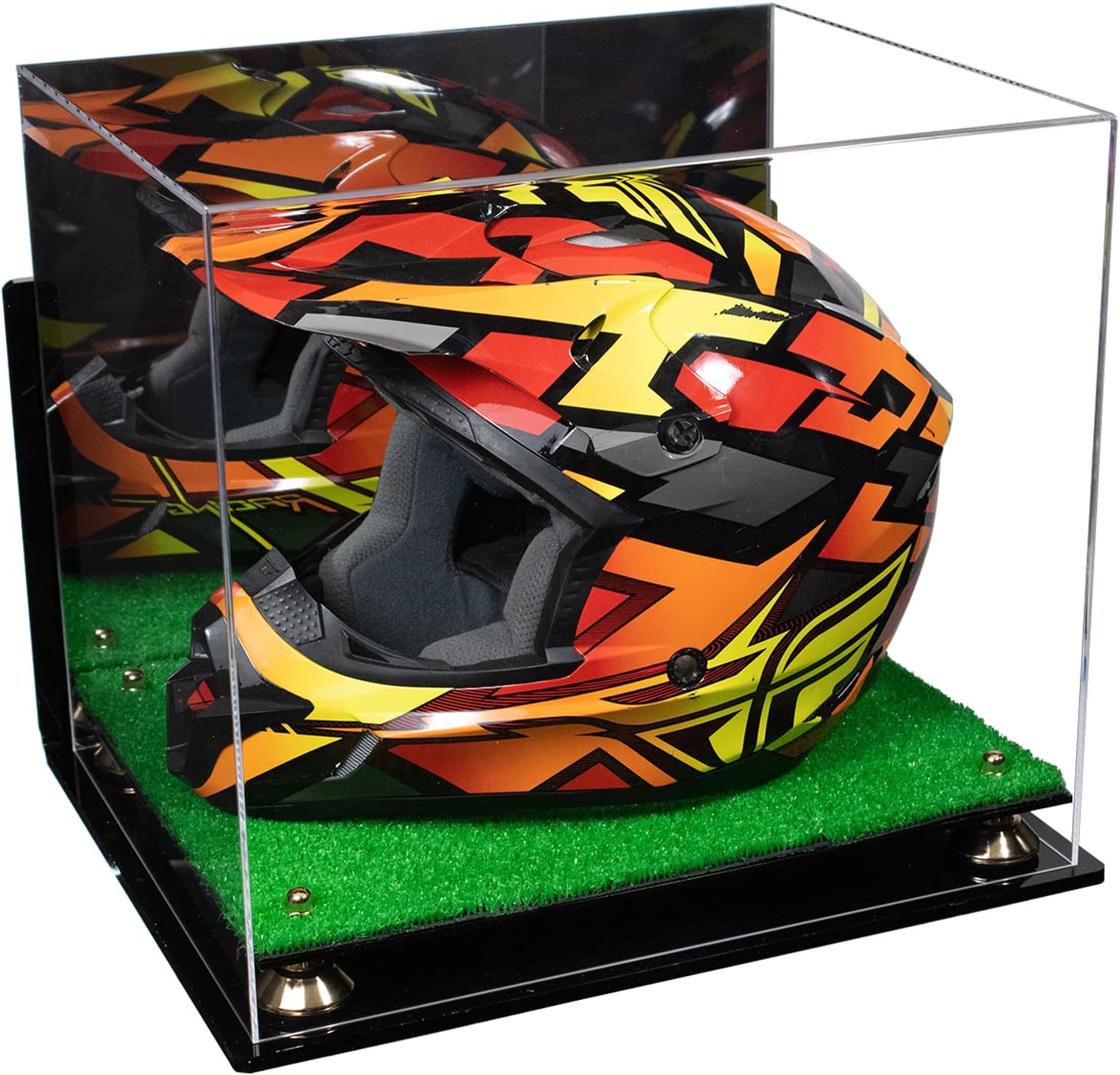 Better Display Cases Acrylic Motorcycle Helmet Display Cases with Mirror Case, Gold Risers and Turf Base and Wallmount - 16" x 13" x 14" (A024/V61)