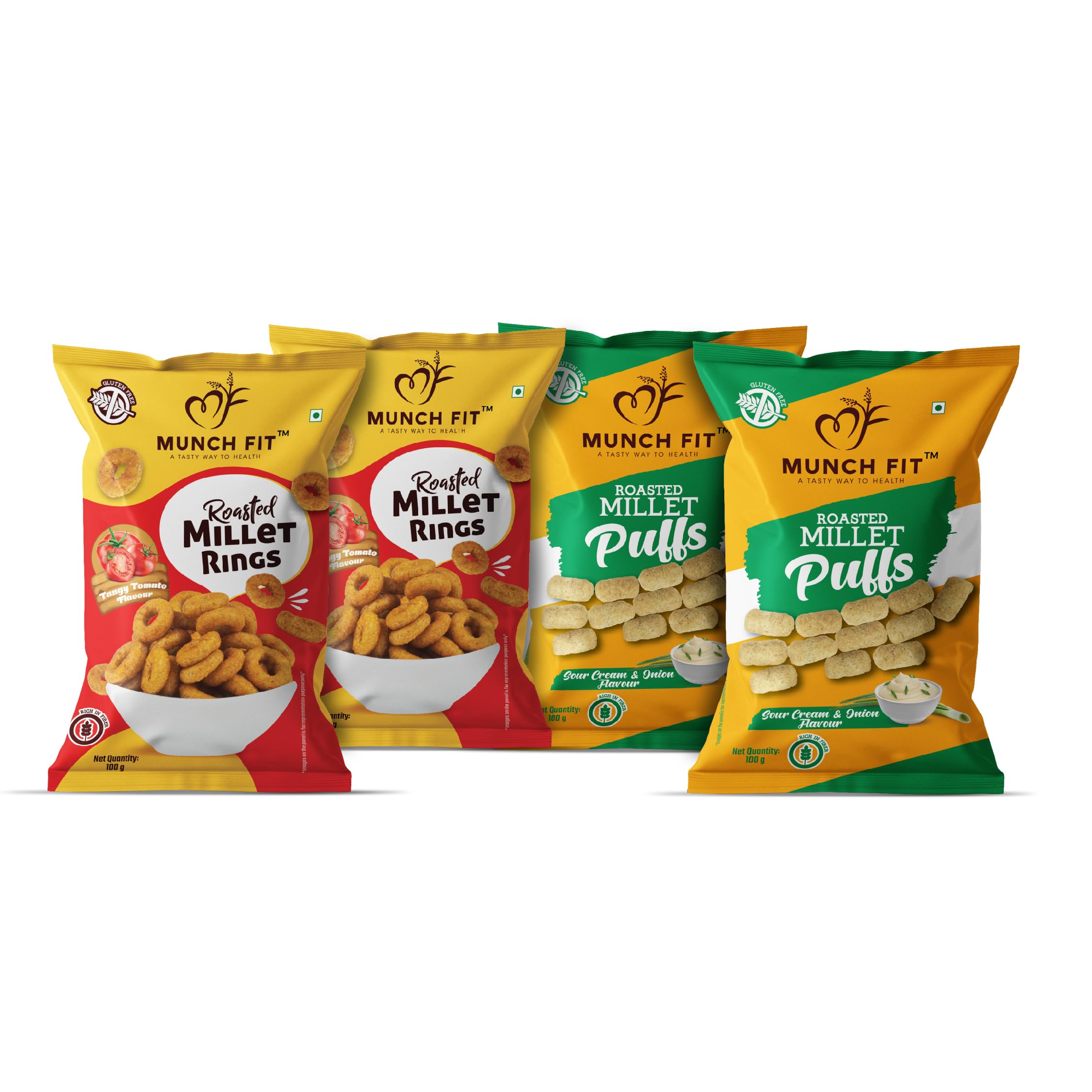 Munch Fit Healthy & Roasted Combo of Millet Puffs & Rings | Cream Onion & Tangy Tomato | 100% Veg | High Fibre | Gluten Free | Millet Snacks | Pack of 2x100g Cream & Onion + 2x100g Tangy Tomato (B0CCJSDK7X) Amazon Price History, Amazon Price Tracker