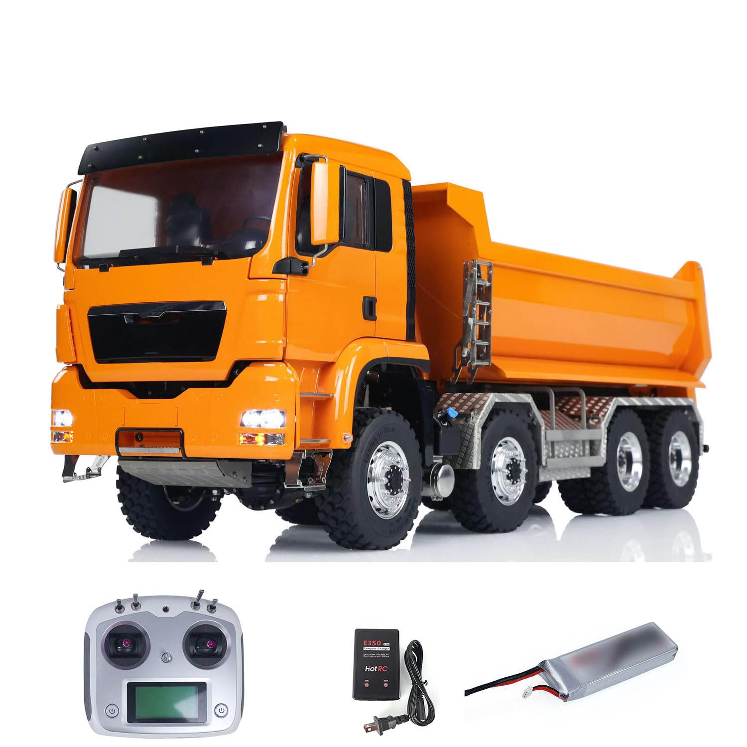 LESU 8x8 1:14 RC Dump Truck Hydraulic Remote Control Metal Tipper Car Model Lock Differential Steering Servo 2-Speed High Torque Transmission(Orange)