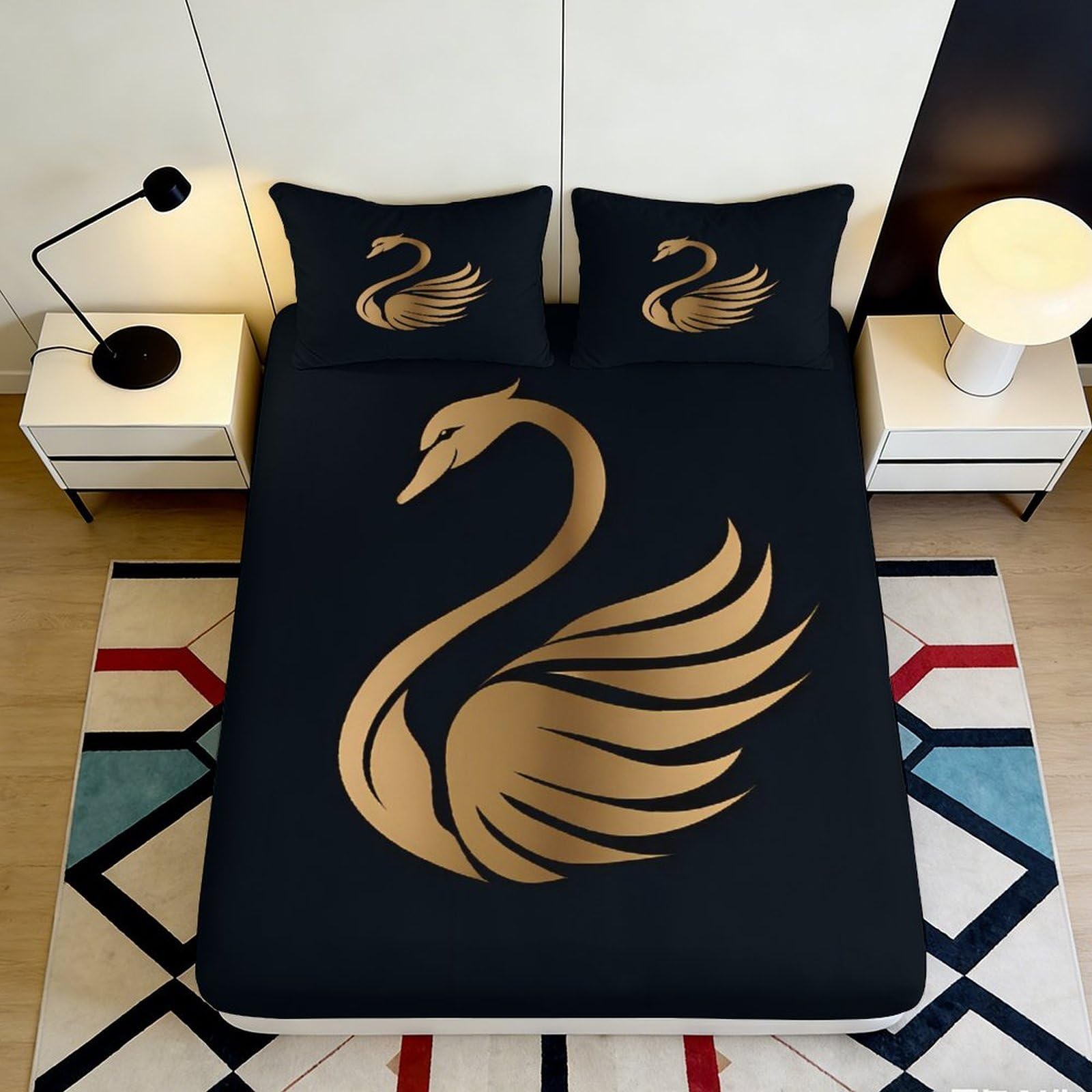 3D Printed Swan Fitted Sheet Microfiber Deep Pocket Non-Slip Bedroom Bedding Swan Mattress Fitted Cover Elastic Hem Washable for Adults Teens 140x200x25cm