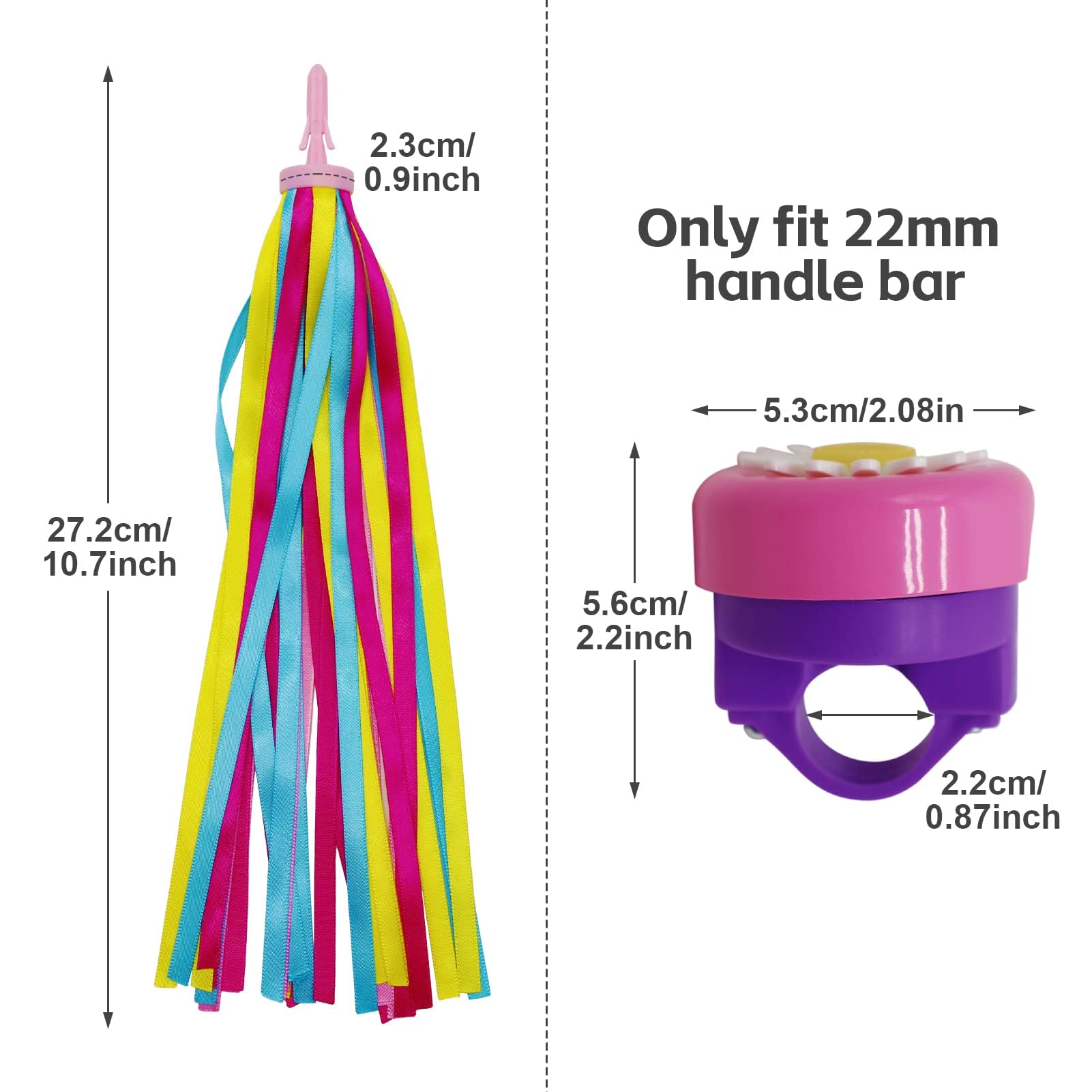REBECASKYENS 2 Pack Girls Bike Tassels With 1 Pcs Bell Set, Loud Crisp Clear Sound,Flower Bicycle Bell,Rainbow Streamers for Children's Bike,Ribbons Kid's Scooter Tassels - Image 2