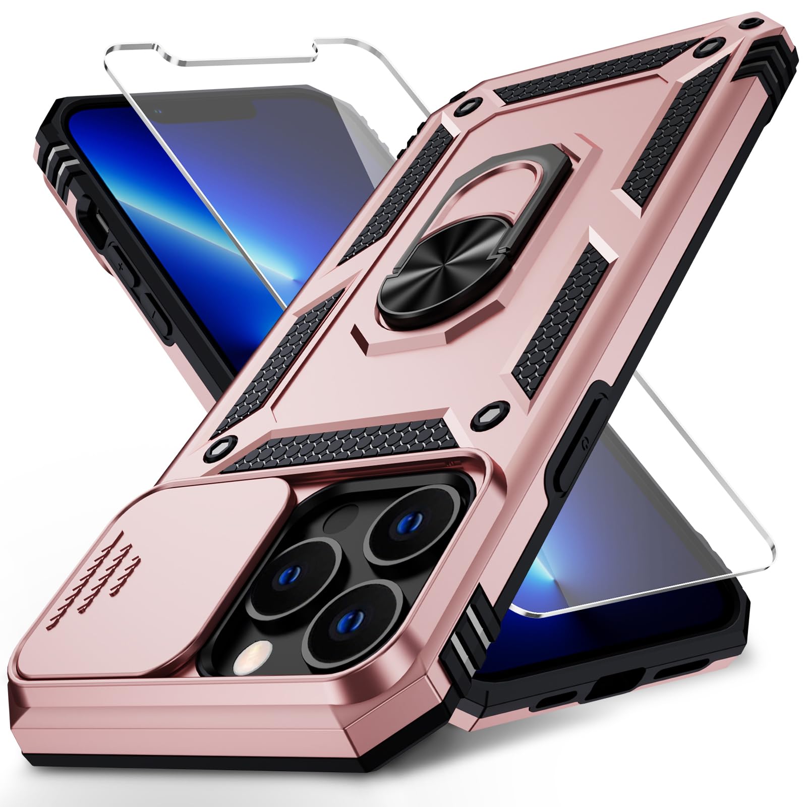 Weycolor for iPhone 12 Pro Max Case with Slide Camera Cover HD Screen Protector Heavy Duty Military Grade Shockproof Magnetic Ring Holder Kickstand