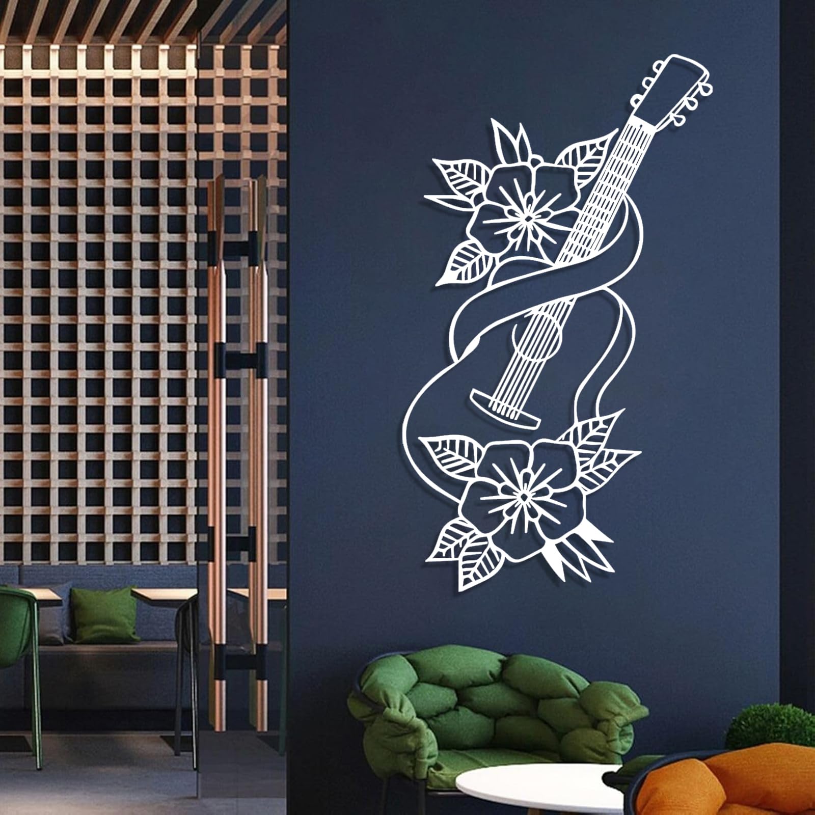 Współczesna abstrakcyjna metalowa dekoracja ścienna sztuka gitarowa, minimalistyczne kwiatowe powieszenia, dekoracja liniowa, prezenty dla miłośników muzyki, dom (35 x 60 cm, złoty)