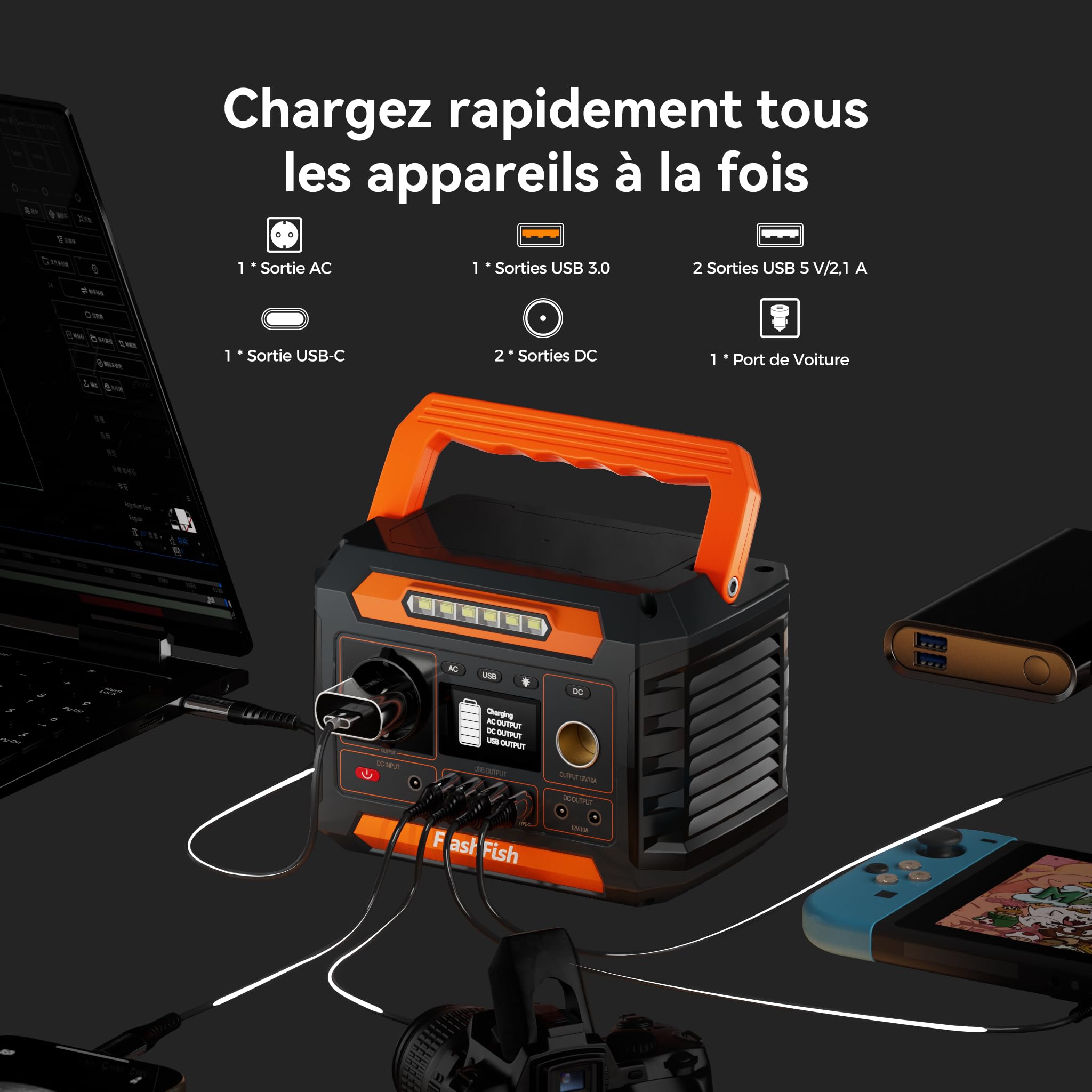 FlashFish P66A Station Électrique portable 144,3Wh, Generateur Électrique 200W avec 230 V AC/DC/USB/type C/lumières LED, Batterie de Secours pour Camping, Voyage, Panne de courant