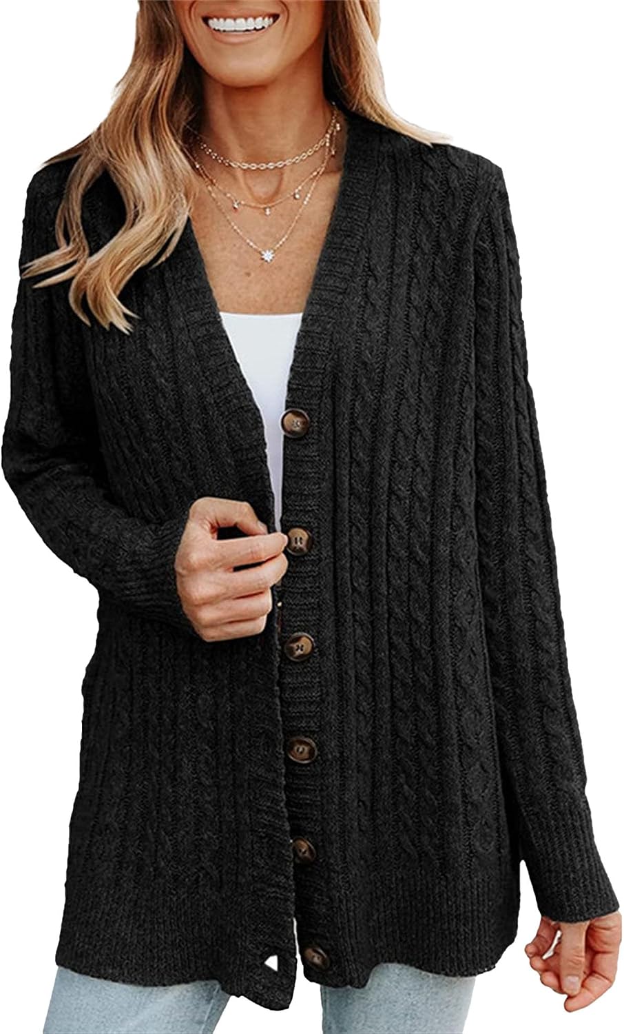 Women's Open Front Sweaters Cardigan Fall Fashion Button Down Cable Knit Chunky Winter Long Sleeve Outerwear Coats