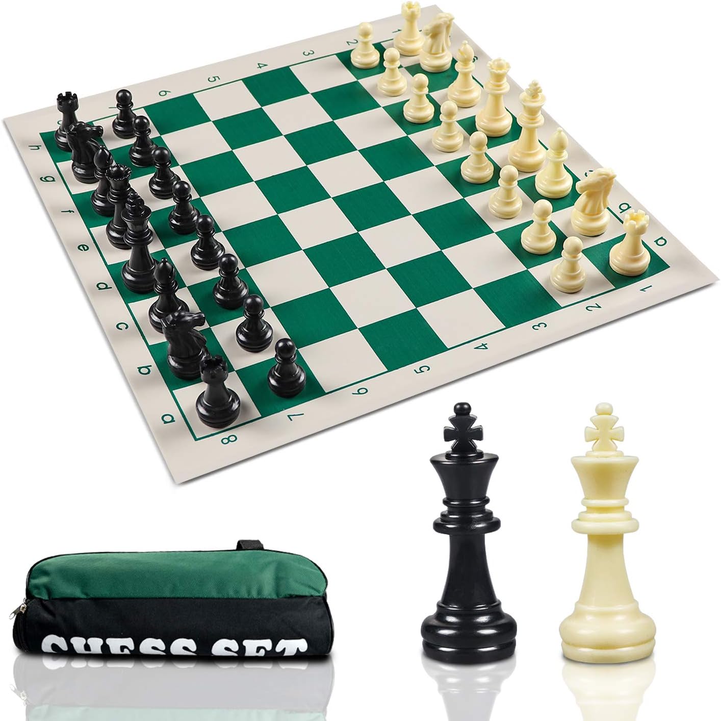 Travel Chess Set-Chess Pieces and Green Roll-up Vinyl Chess Board, Travel Canvas Chess Bag - Best Choice Travel Set