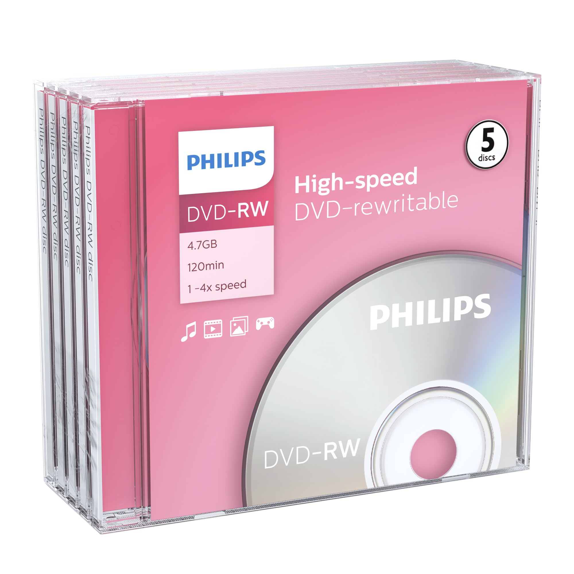 Philips PHOV-RW4754JC Blank DVD-RW Media Box 5 Pieces, Packaging May Vary