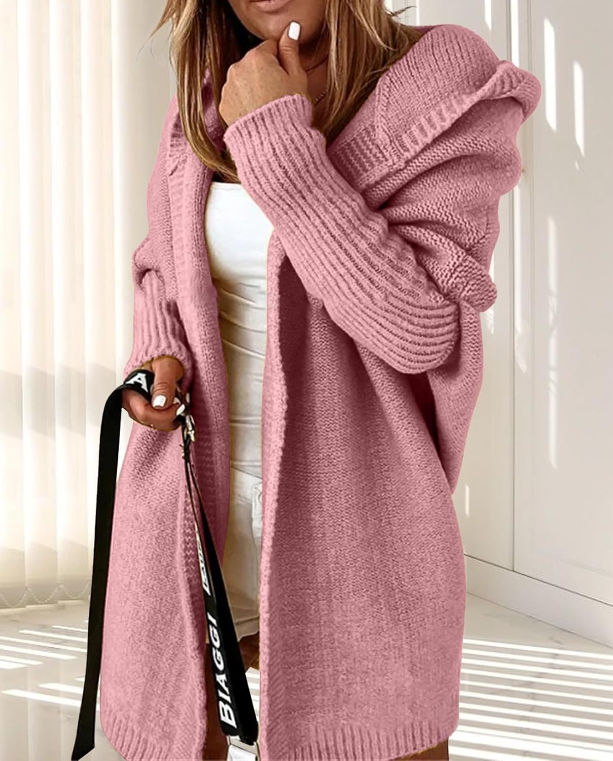 Knitted Hooded Sweater for Womens Casual Open Front Cardigan Winter Sweater Batwing Sleeve Long Sweater Coats - Image 4