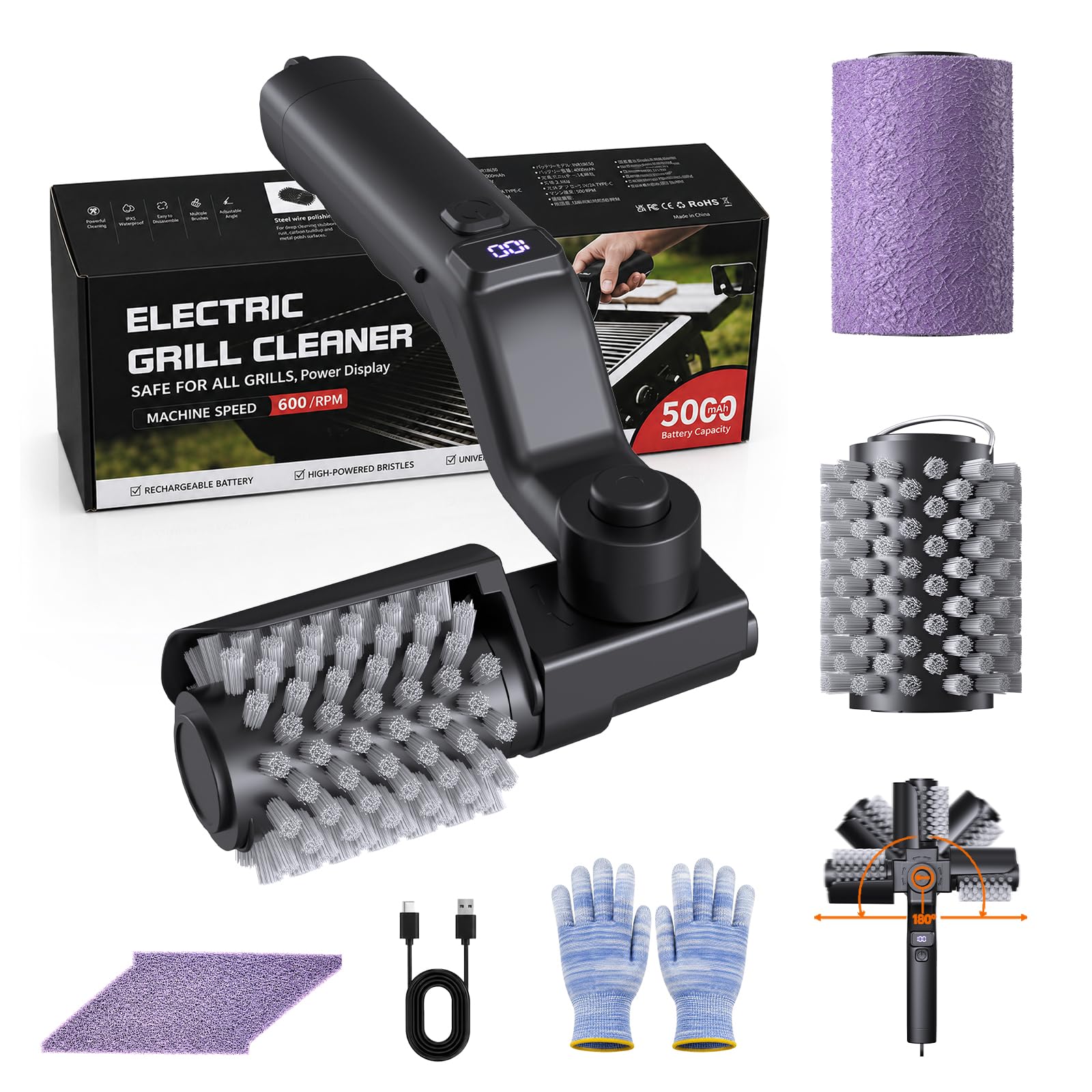 Shinmax Elektrische Grillbürste Akku Kabelloser Grillreiniger 4-Stufen | 600RPM 180° Verstellbarer Kopf 5000mAh IPX6 Wasserdicht 304 Edelstahlborsten Keine Borstenablösung BBQ Grillbürste Geschenk