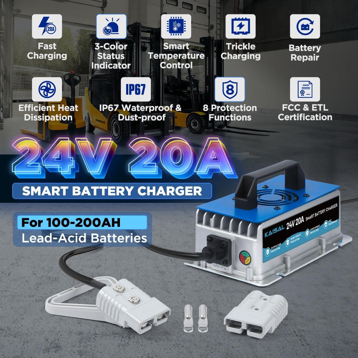 Forklift Battery Charger 24V 20A Trickle Charging Pallet Jack Battery Charger 24 Volt Forklift Charger with 16FT Cable for 24V Electric Pallet Jack, Stacker, Floor Scrubber, Scissor Lifter