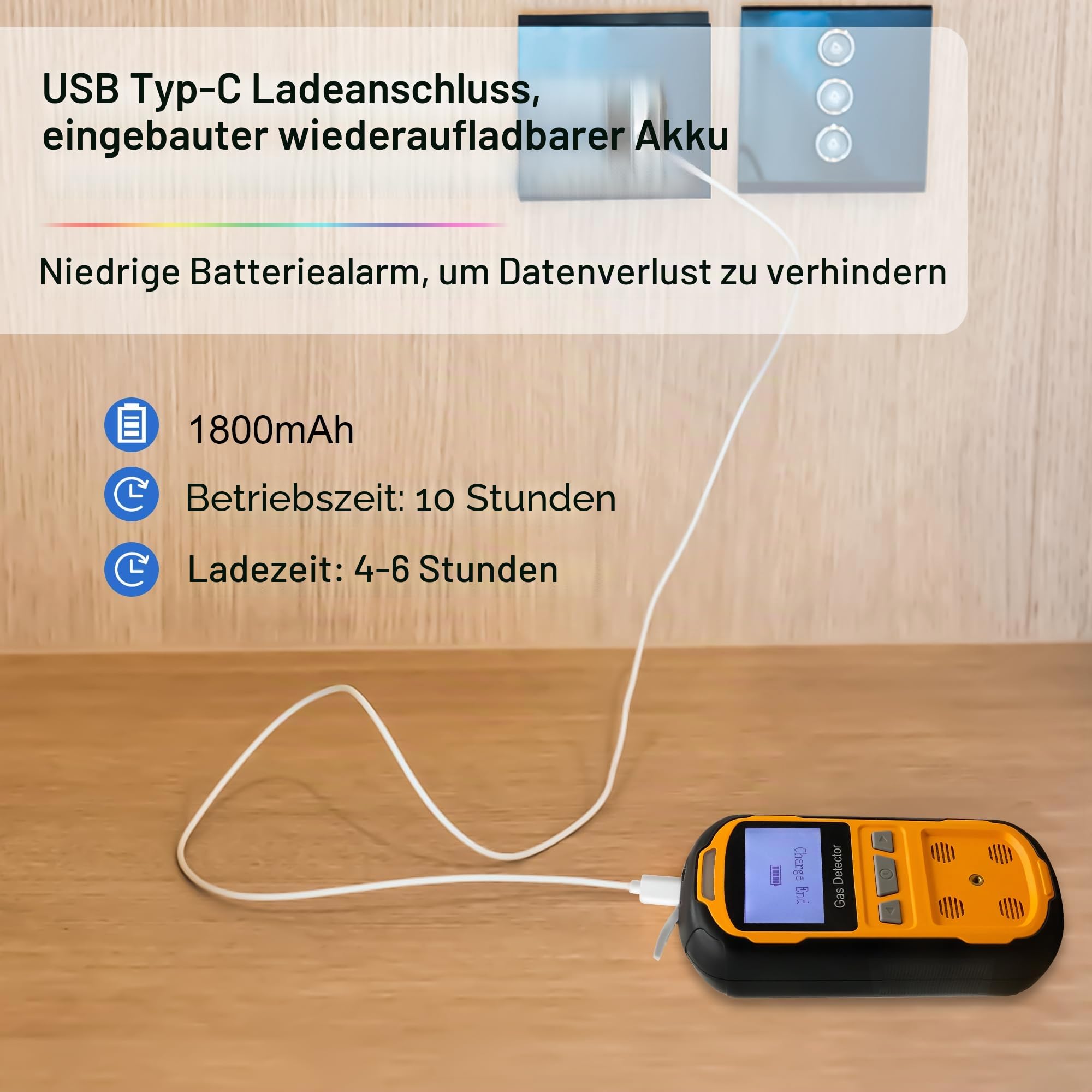 Gaslecksuchgerät für H2S CO O2 und LEL, tragbarer Multi-Gasmelder Gasdetektor mit akustischen, visuellen und Vibrationsalarmen, Handheld 4-in-1-Gas-Monitor-Messgerät, LCD-Display (Orange)