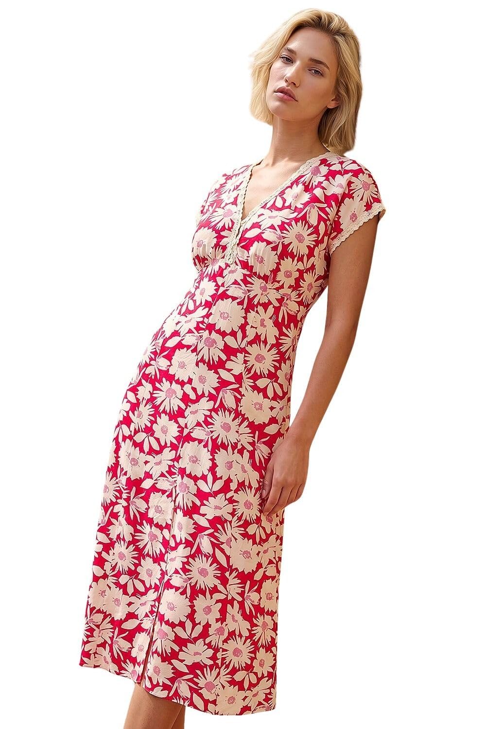 Roman Originals Daisy Print Lace Trim Midi Dress for Women UK - Ladies Everyday Holiday Spring Summer V-Neckline Comfy Soft Evening Vacation Work Party - Red - Size 16