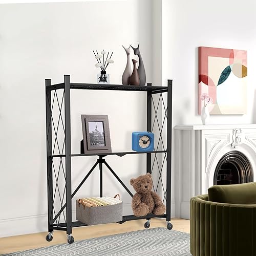 Miniatura 9 de Yuanjimi Estante de almacenamiento plegable de 3 niveles con ruedas, unidad de estantería de garaje resistente que carga 550 libras, estantes