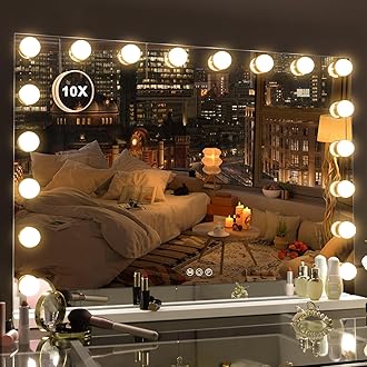 Misavanity Large Vanity Mirror with Lights, 31.40" x 23.40", Hollywood Lighted Makeup Mirror with 18 Dimmable Bulbs, 10x Magnification, 3 Lighting Modes & Port