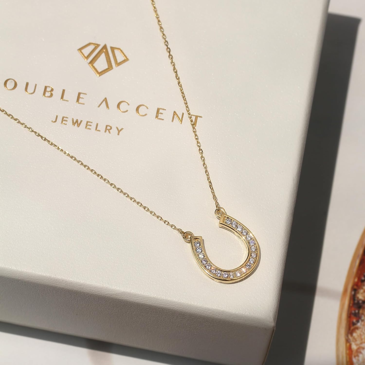 Sterling Silver Pendant Necklace CZ 14K Gold or Rose Gold Plated Horseshoe Necklace, Chain 16~18 Inches