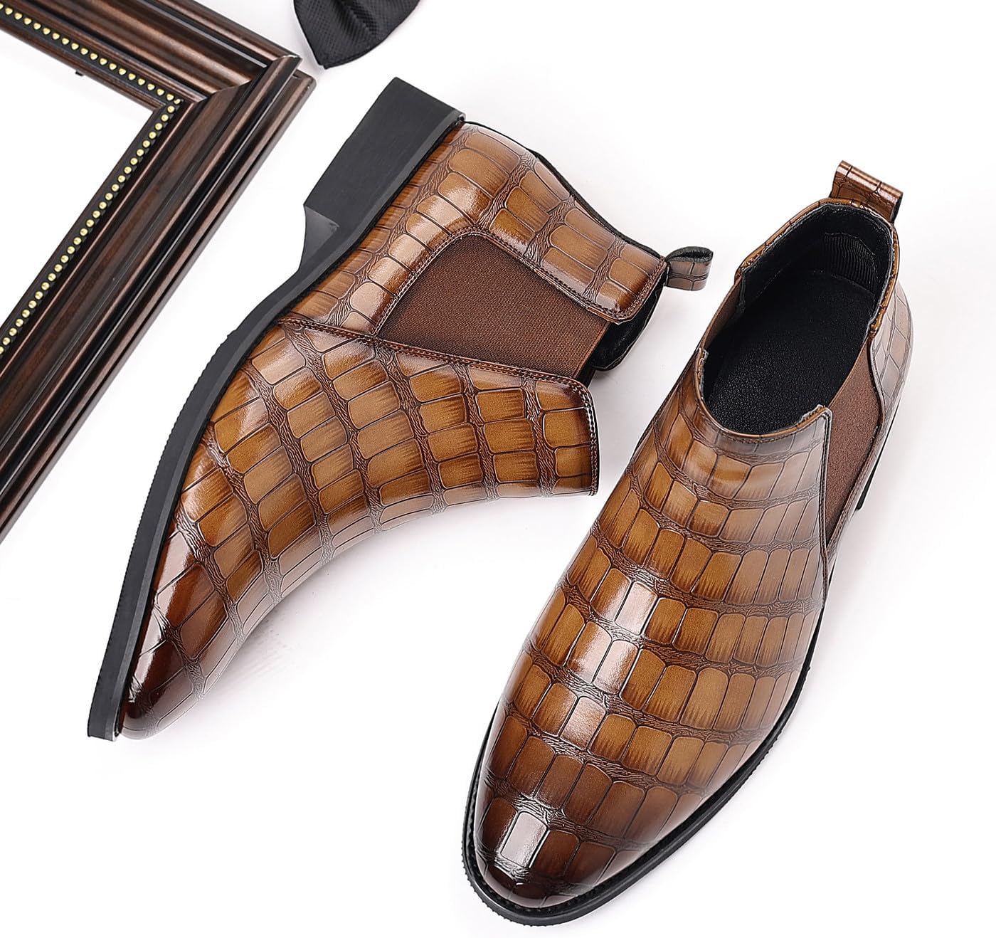 Santimon Men's Leather Chelsea Boots Stylish Patterned Slip-On Dress Boots for Office, Wedding