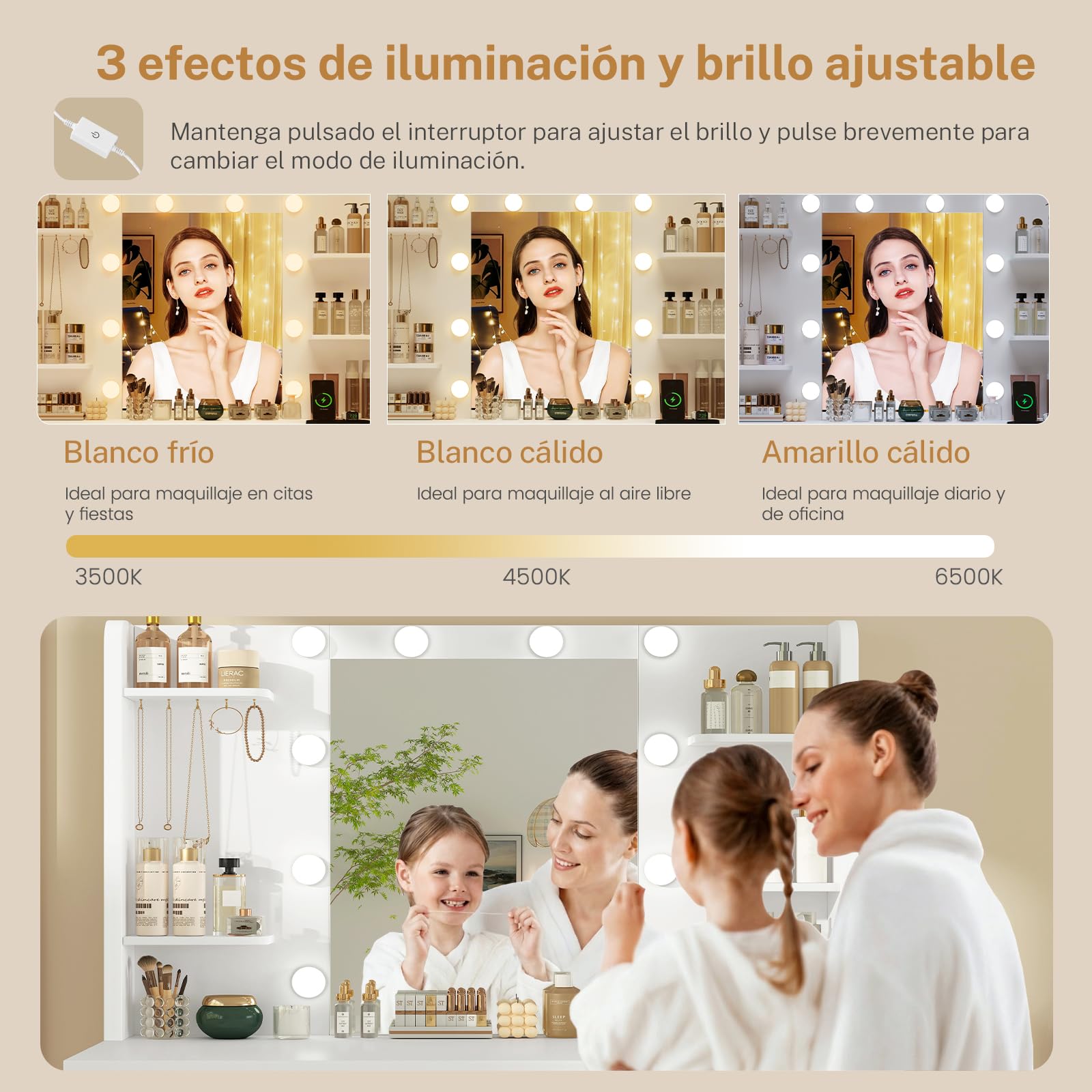 Mesa de Maquillaje con Luces y Espejo, Tocador Blanco con 4 Cajones y Estantes
