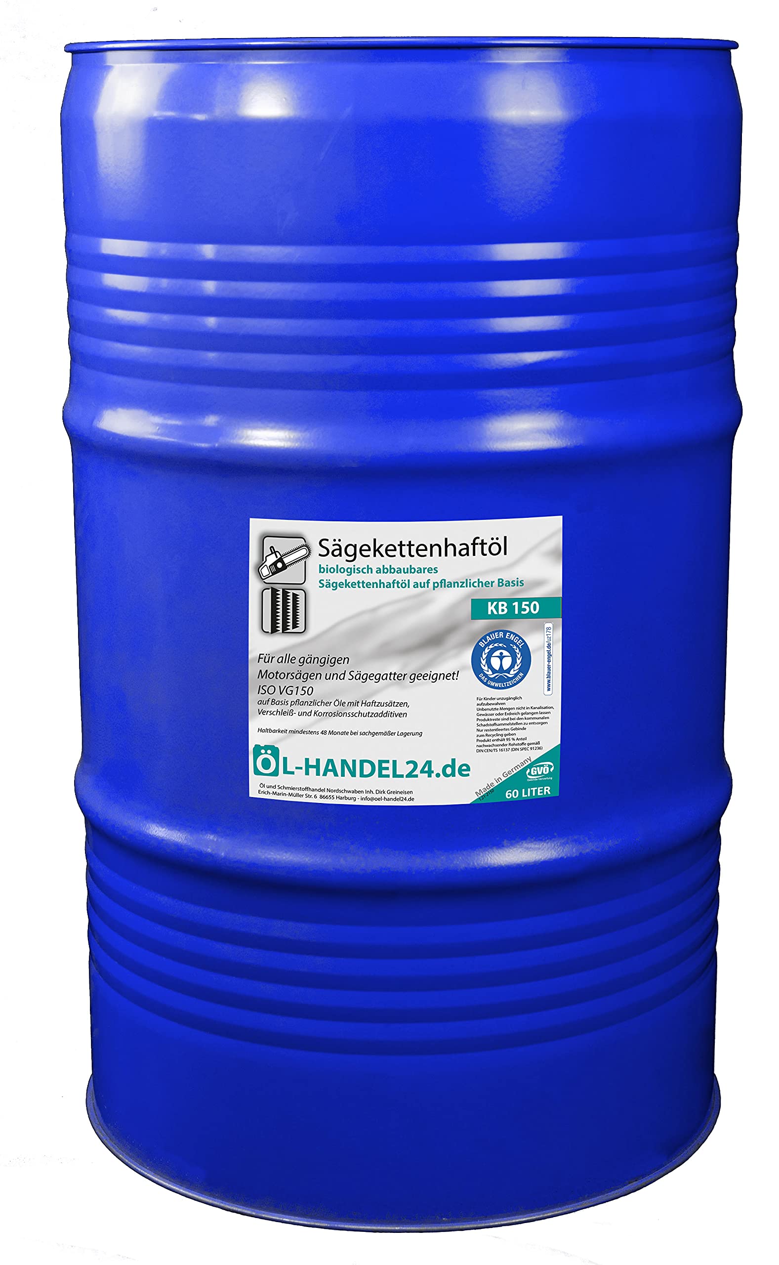 Huile bio pour chaîne de tronçonneuse - 60 l - KB 150 - Huile adhésive pour chaîne de tronçonneuse - « Blauer Engel » - Conforme au dernier RAL-UZ 178