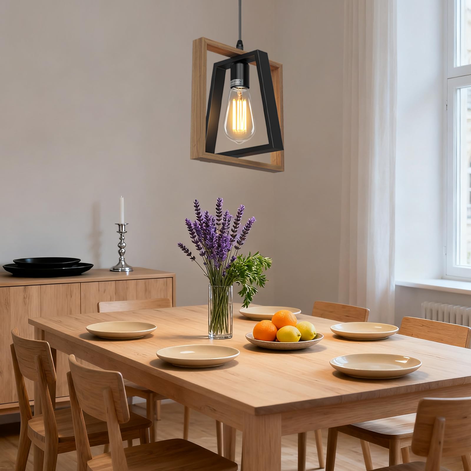 Lámpara Colgante, Lampara Colgante Isla Cocina Negra de Granja, Madera & Metal, Altura Ajustable, E27 Iluminación de Techo Colgant para Comedor Dormitorio Pasillo Entrada, 24cm