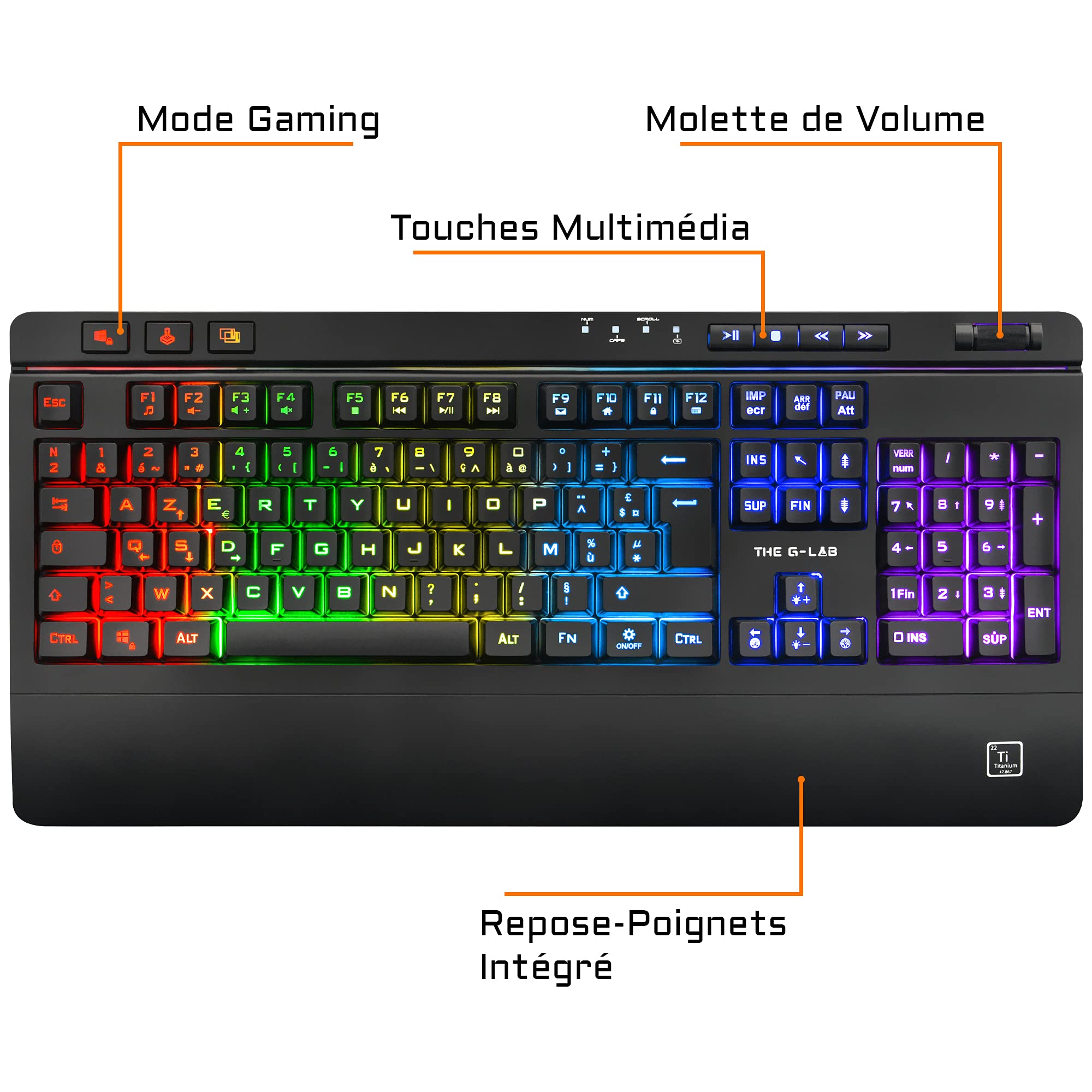 The G-Lab Clavier Gaming Sans Fil - Touches Membrane - AXS KEYZ-Titanium - Repose poignet et molette de Volume