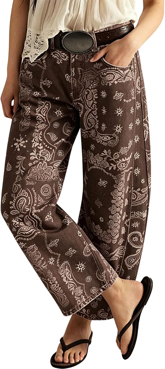 loveimgs Women Boyfriend Baggy Barrel Jeans Floral Print Denim Ankle Pants Wide Leg Mid Rise Jeans Sweatpants Y2k Patchwork