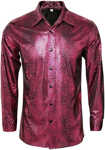 AMNPOLEN Mens Metallic Shiny Nightclub Costume Sequins Snakeskin Shirt Long Sleeve Slim Fit Button Down 70s Disco Party Props