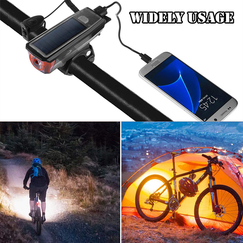 WASAGA Faro per Bici, Luce Frontale per Bicicletta Ricaricabile a 4 modalità Smart USB alimentata a energia Solare con Campana per Bici per Ciclismo Guida di Sicurezza Altoparlante a LED