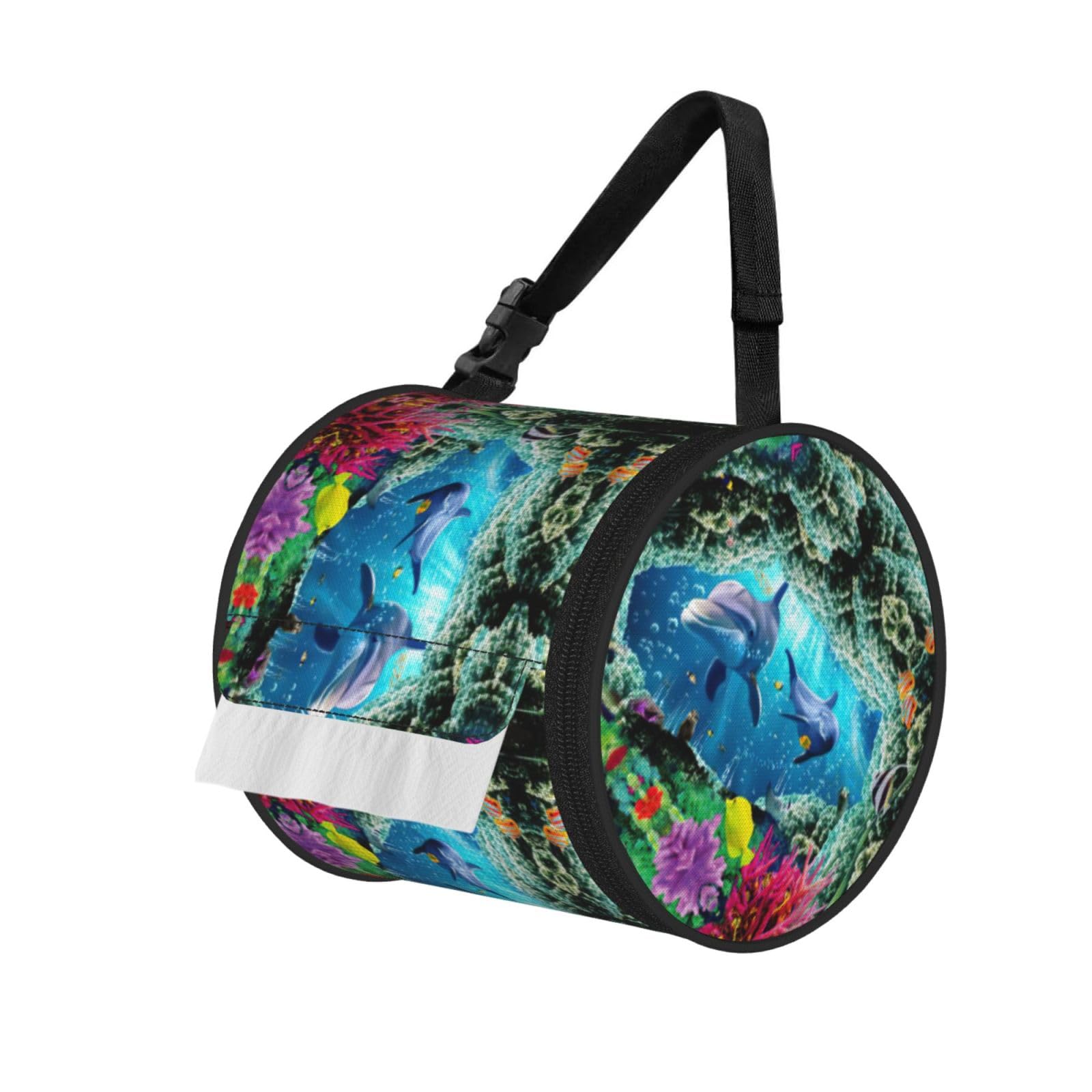 Ocean Underwater Dolphin Fish Printed Hanging Tissue Organizer, Smooth Zipper Oxford Cloth Roll Holder for RV Bathroom Desk