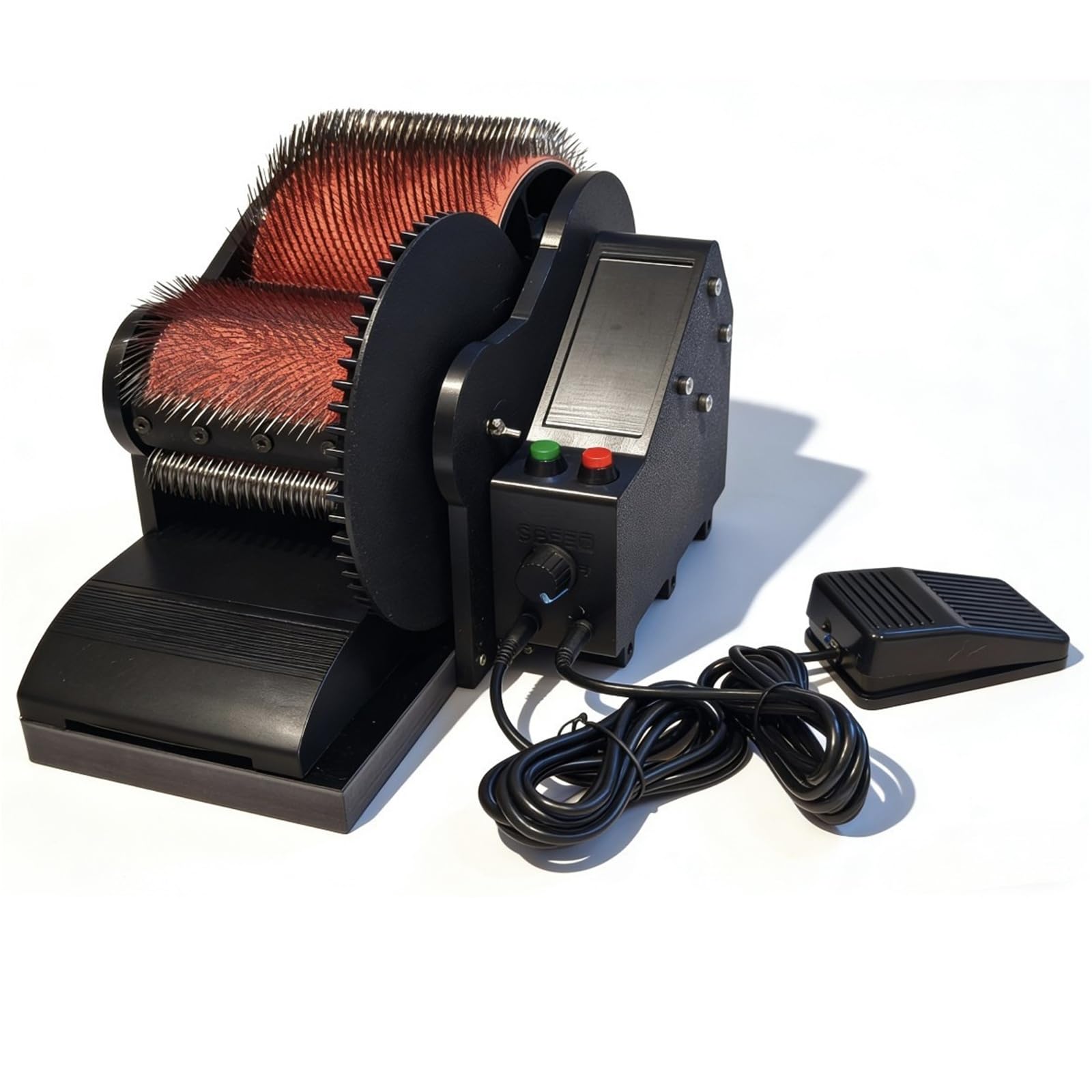 Máquina de cardado de lana, cardadora de tambor de 56 RPM con cepillo y punzón, limpiador de fibra de velocidad ajustable para tela, base de madera