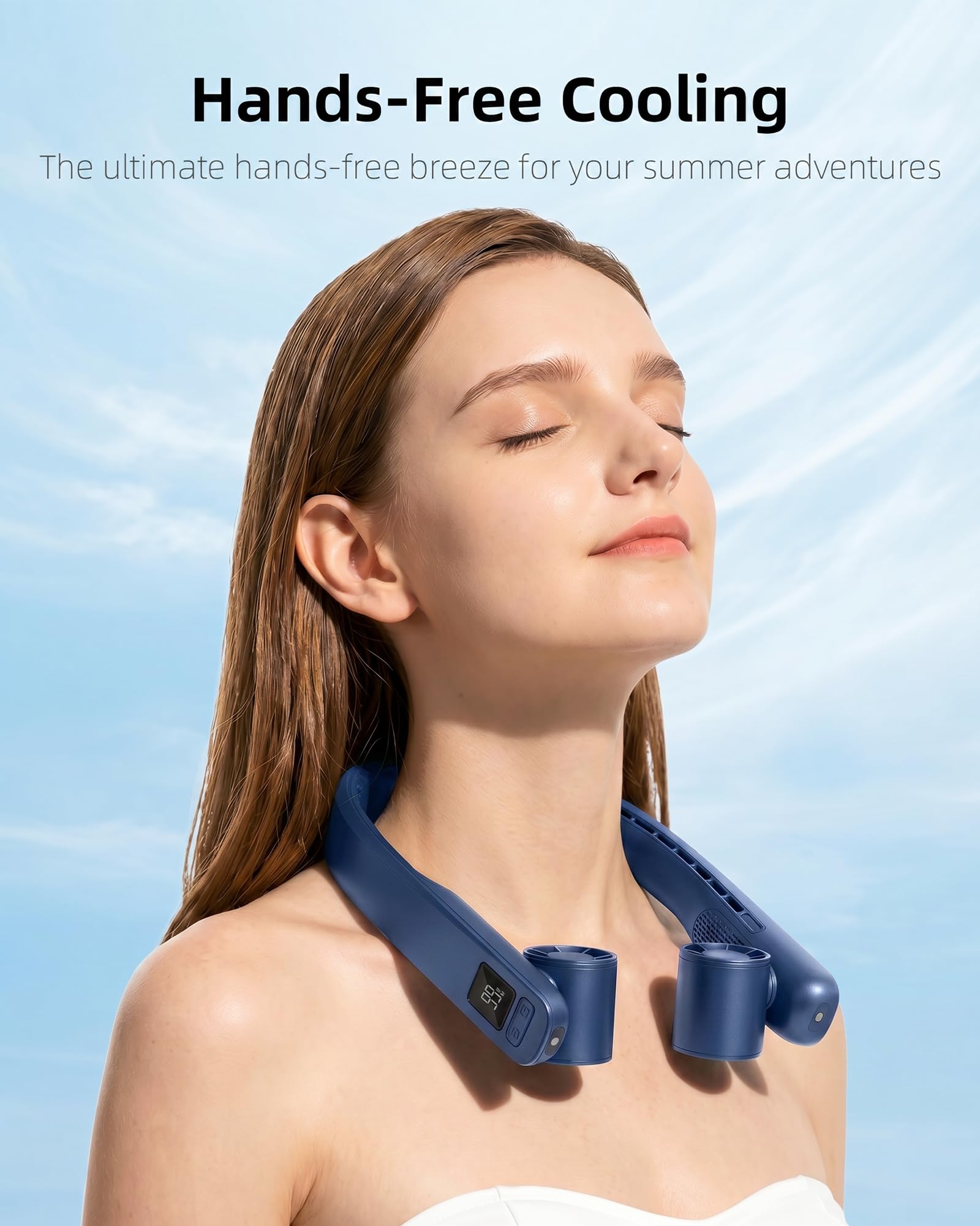 FrSara Ventilatore portatile da collo che soffia aria fredda ricaricabile, dispositivo di raffreddamento personale alimentato a batteria con USB di tipo C, display a LED, luce, 3 velocità, 3000 mAh