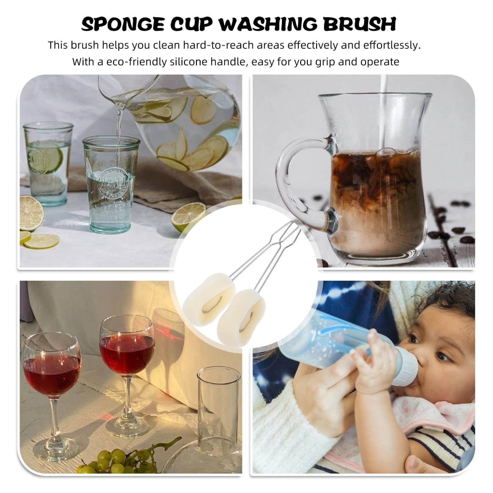 2 Piezas Cepillo para Botellas Acero Inoxidable con Mango Ergonómico Cabezal de Esponja Reemplazable Unidades para Limpieza de Biberones Vasos y Cristalería Cocina Hogar