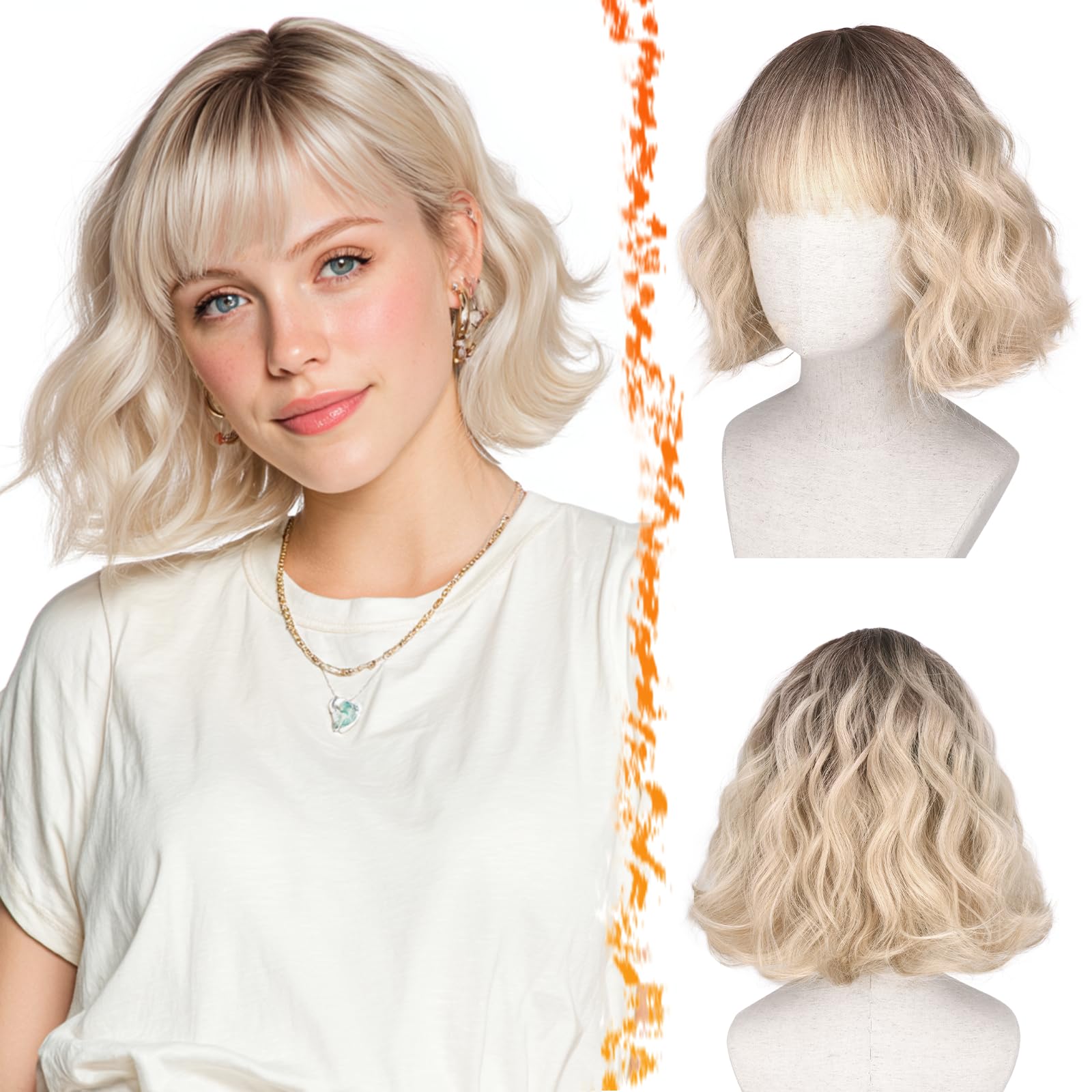 BARSDAR Short Wavy Blonde Ombre Wig with Bangs, Short Blonde Ombre Bob Wigs Dark Roots for Women