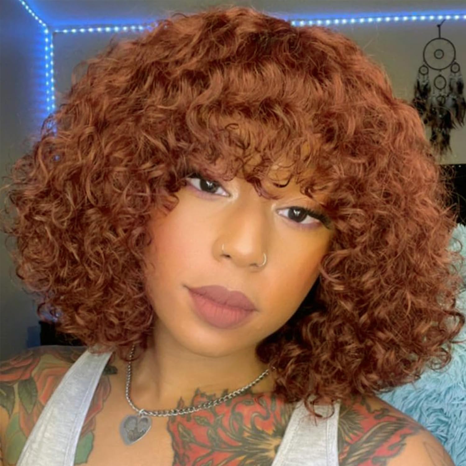 HUA Ginger Wig Human Hair With Bangs 12 Inch Ginger Orange Deep Wave Bob Human Hair Wigs for Black Women Glueless 350 Short Curly Human Hair Wig With