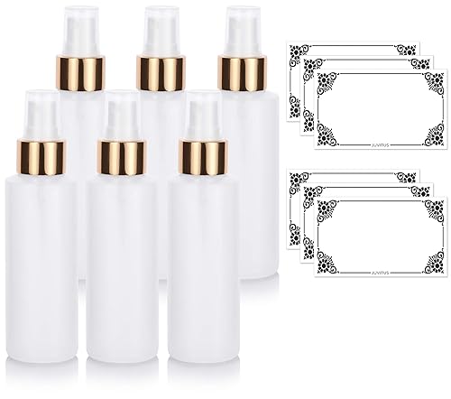 Botella de plástico recargable natural transparente con pulverizador de niebla fina dorada, juego de 4 onzas (paquete de 6) + etiquetas