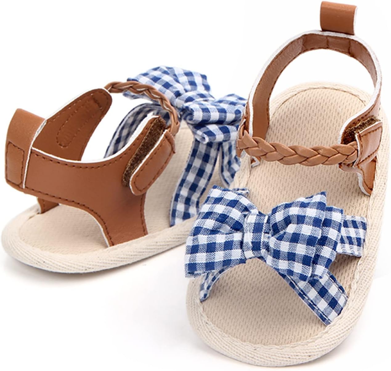 Infant Girls Open Toe Plaid Bowknot Shoes First Walkers Shoes Summer Toddler Flat Sandals Newborn (Blue, 12 Months)