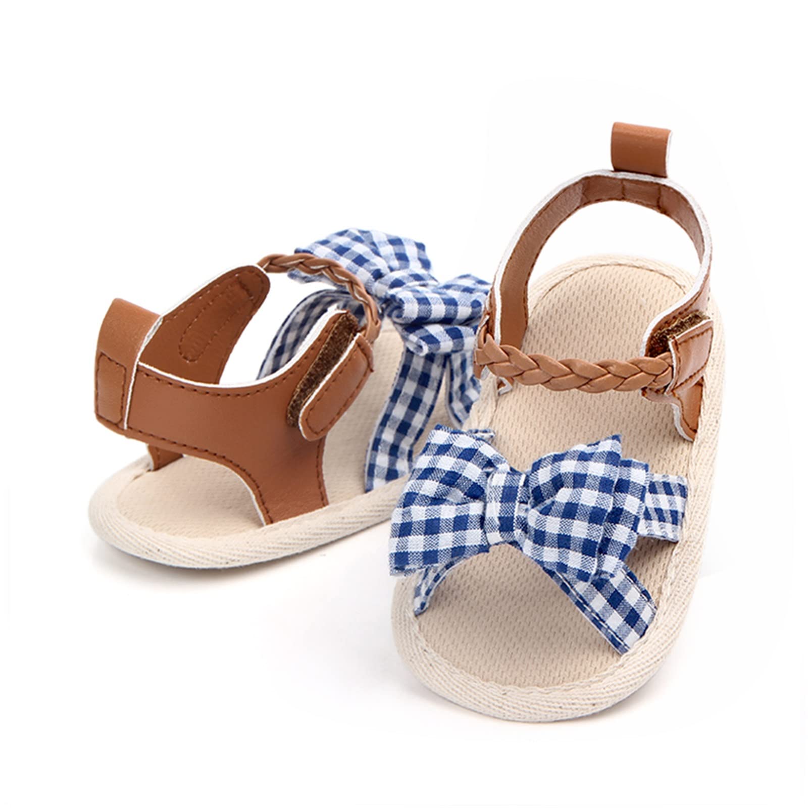 Infant Girls Open Toe Plaid Bowknot Shoes First Walkers Shoes Summer Toddler Flat Sandals Soccer Slippers (Blue, 5 Infant)