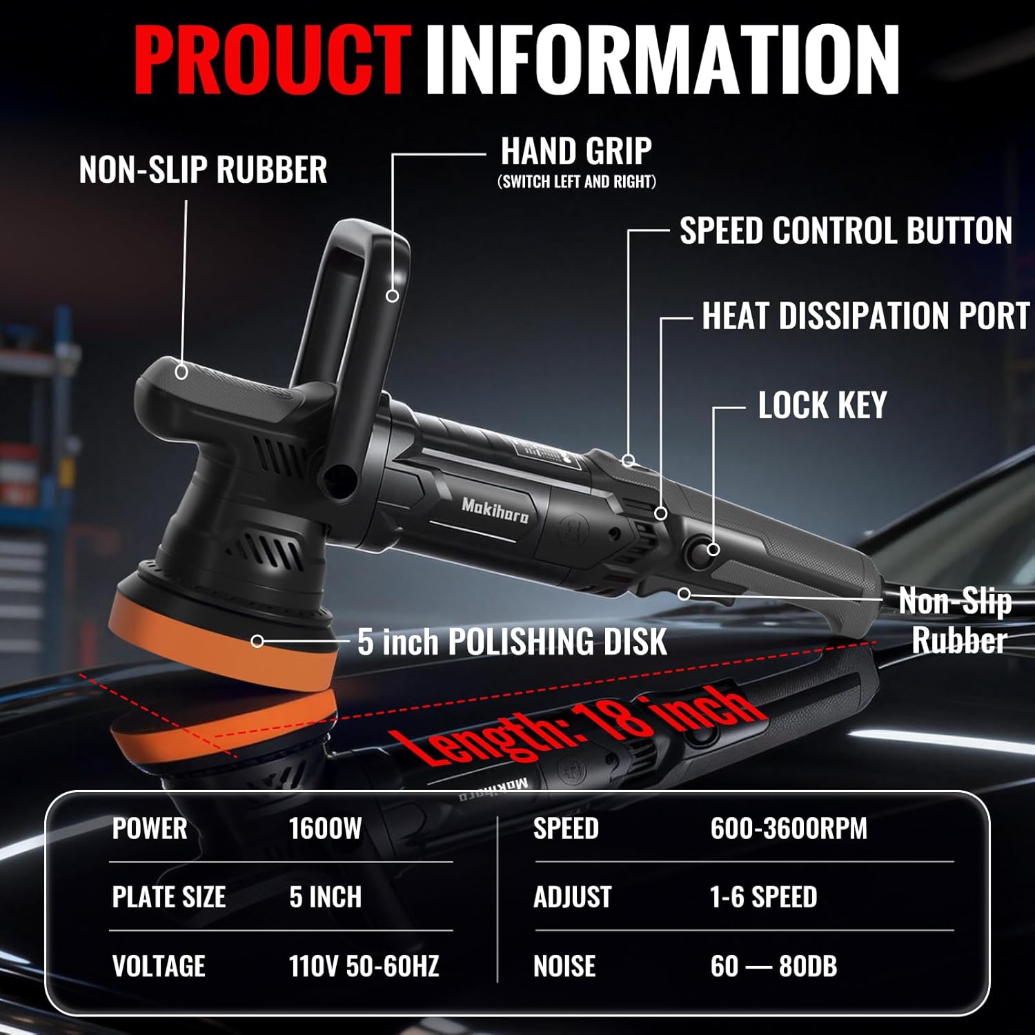 Car Buffer Polisher, 5 Inch Random Orbital Car Polisher, 1600W 6 Variable Speed 600-3600 RPM, 26Pcs Attachments, Polisher for Car Detailing, Boat Sanding, Scratch Removing