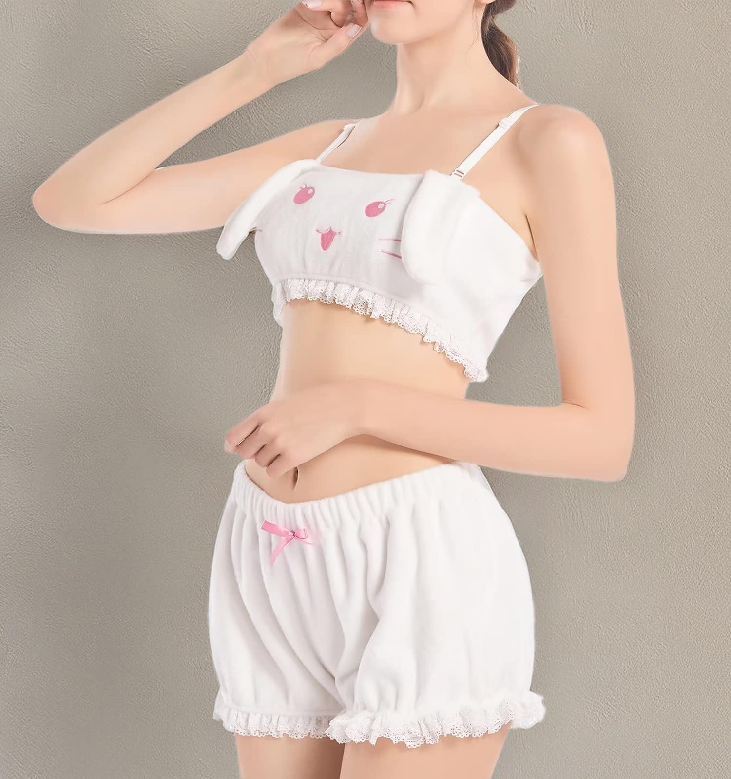 Landofgenie Womens Kawaii Anime Pajama Sets Shorts and Tube Top Loungewear Fuzzy Pajamas Cartoon Sleepwear Furry Lingerie