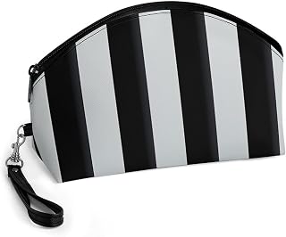 Black White Stripes Cosmetic Bag for Women Makeup Organizer with Wide Opening & Handle Waterproof PU Leather Zipper Pouch Portable Toiletry Bag for Skincare Brush Travel Essentials