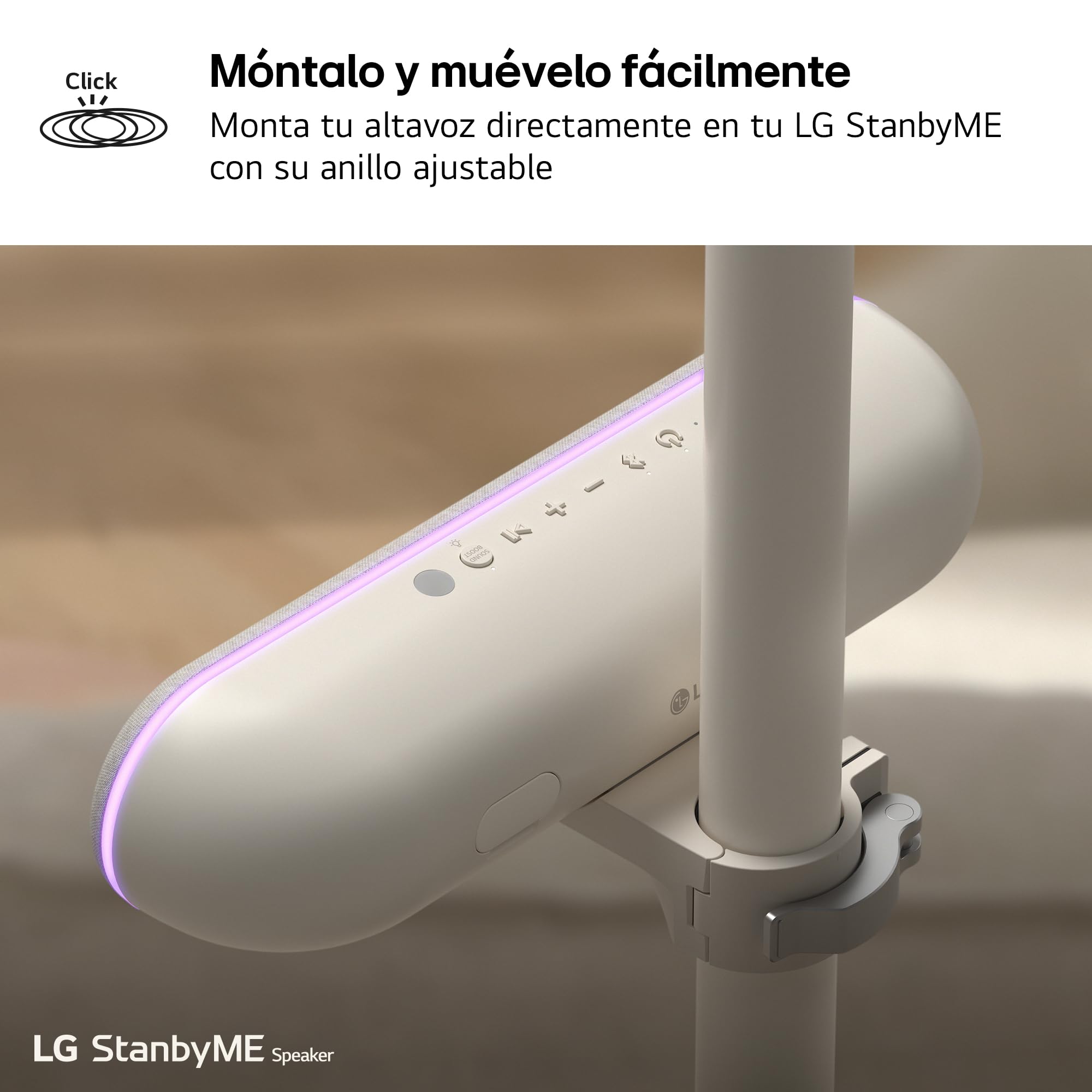 LG XT7S.AEUSLLA Altavoz Bluetooth Portátil StanbyME XT7S, Sonido Envolvente, Resistencia al Agua IPX5, hasta 16 Horas de Batería, Ideal para StanbyME, Anillo Ajustable, Iluminación, Potencia 20 W