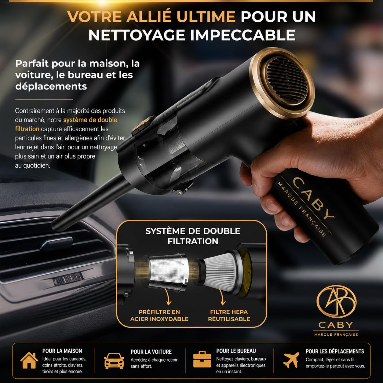 CABY Mini Aspirateur sans Fil Puissant 3 en 1 Mini Souffleur sans Fil et Gonfleur - Aspirateur Voiture avec Détecteur de Poussières 28000PA - Accessoire Voiture/Maison et Cuisine