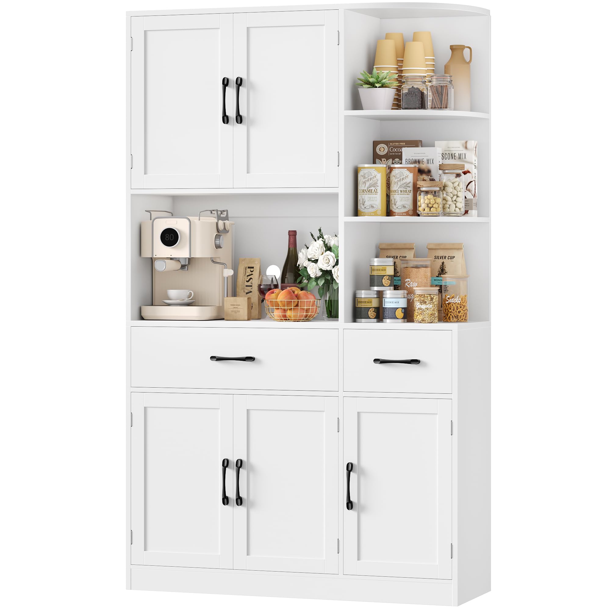HOCSOK Buffet Cuisine, Haut Armoire de Cuisine, Vaisselier avec Plans de Travail et 2 Tiroirs, Étagère d'angle 3 Niveaux, 5 Türen, Étagère à Micro-Ondes, Meuble de Rangement pour Salle à Manger Salon
