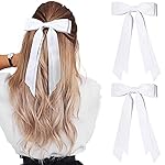 Aileam 2PCS Silky Satin Hair Bows Hair Clip White Hair Ribbon Ponytail Holder Accessories Slides Metal Clips Hair Bow for Women Girls Toddlers Teens Kids