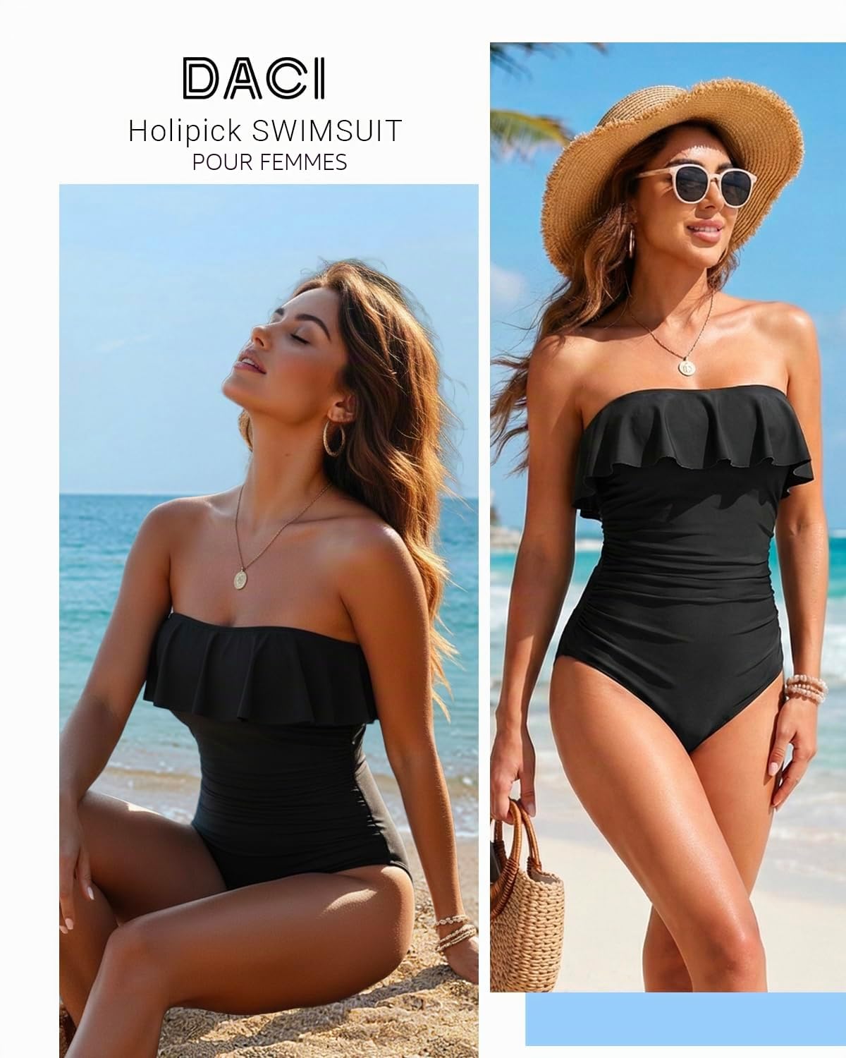 Holipick Maillot de bain une pièce sans bretelles pour femme - Gainant - Bandeau à volants - Maillot de bain amincissant